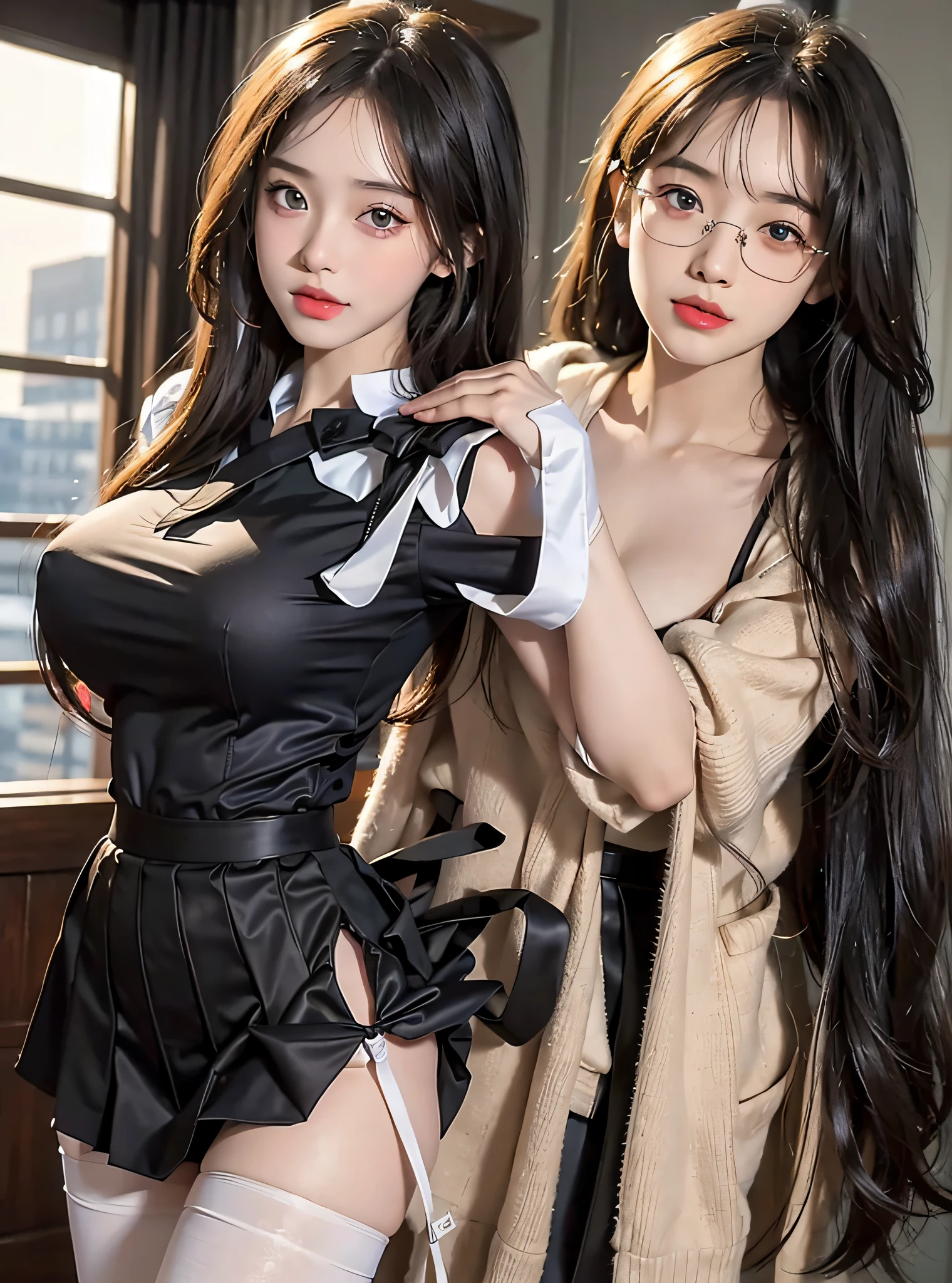 ulzzang-6500-v1.1, (raw photo:1.2), (photorealistic:1.4), beautiful detailed girl, very detailed eyes and face, beautiful detailed eyes, ridiculous, incredibly ridiculous, huge file size, super detailed, high resolution, very detailed, best quality, masterpiece, ((fashion clothing with diverse colors)), illustration, very detailed, CG, unified, 8k wallpaper, amazing, fine detail, masterpiece ,best quality, very detailed CG uniform 8k wallpaper, light on face, movie lighting, 1girl, 16 years old, long white hair, side splits, (big breasts), (no panties)), (glasses), ((dynamic pose))), ((sexy pose))), (camel toe), (half), (pantyhose)), ((black hip skirt))