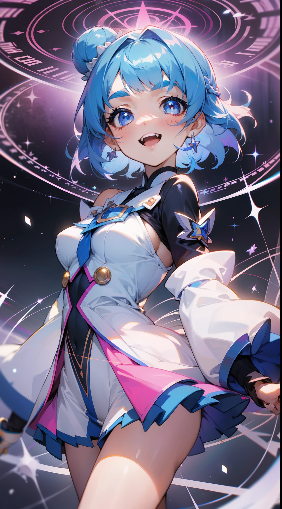 smile,asian ,1GIRL, CUTE ,upper_body, from bellow,ceiling,looking at viewer, eyelashes, head_tilt, medium hair, hime cut, asymmetrical bangs, single hair bun, sidelocks, blue hair, Iridescence and rainbow hair, snowflakesdetailed cute anime face, xd, v-shaped_eyebrows, bright eyes, teeth, magical_girl, puffy_sleeves, thigh_boots, skindentation, off_shoulder, bare_legs, Magic circle, luminous particles, Floating white silk, diffraction spikes,