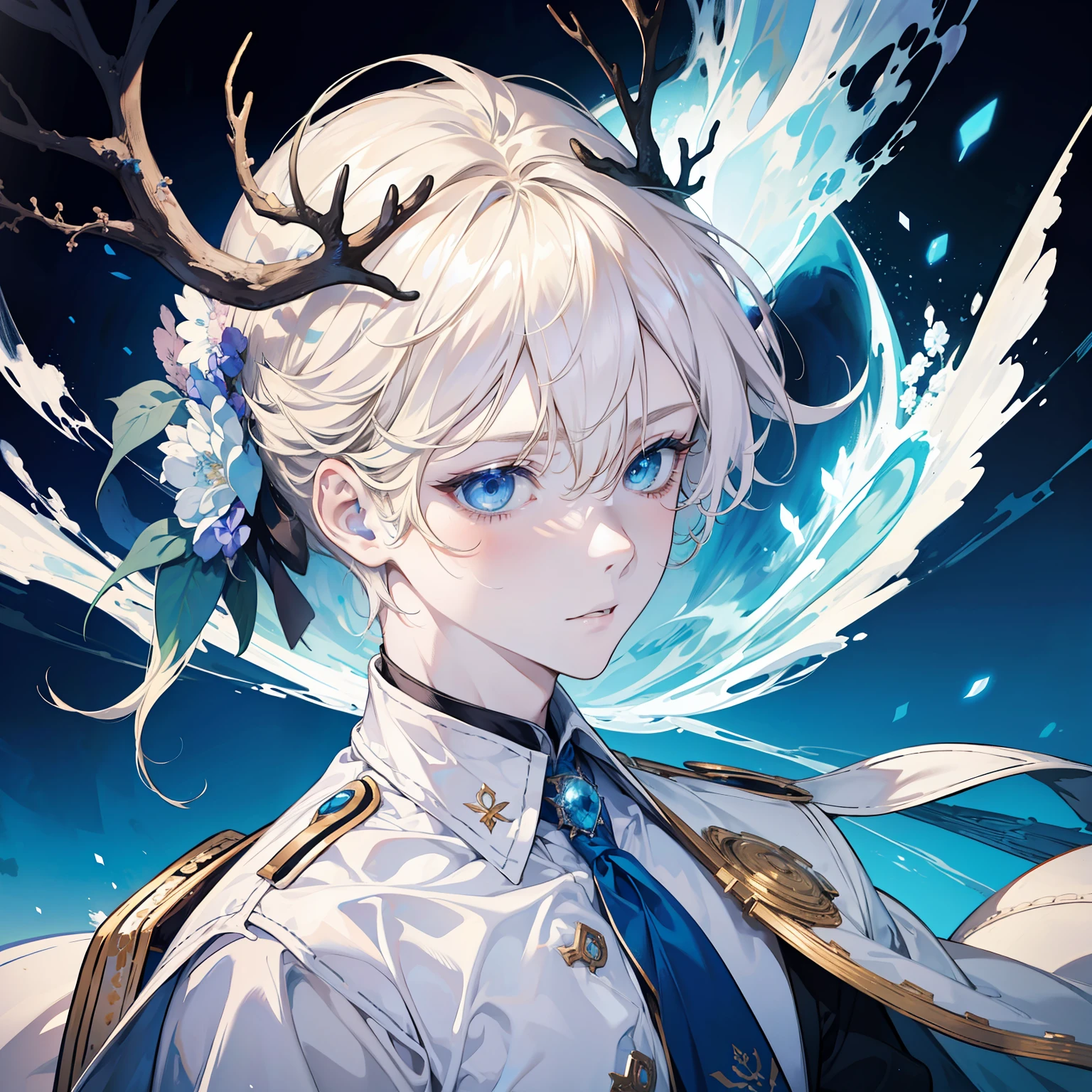 Soft boy with pale blonde hair and blue eyes, shy expression, mythical creature, 1boy, elk antlers protruding from his head