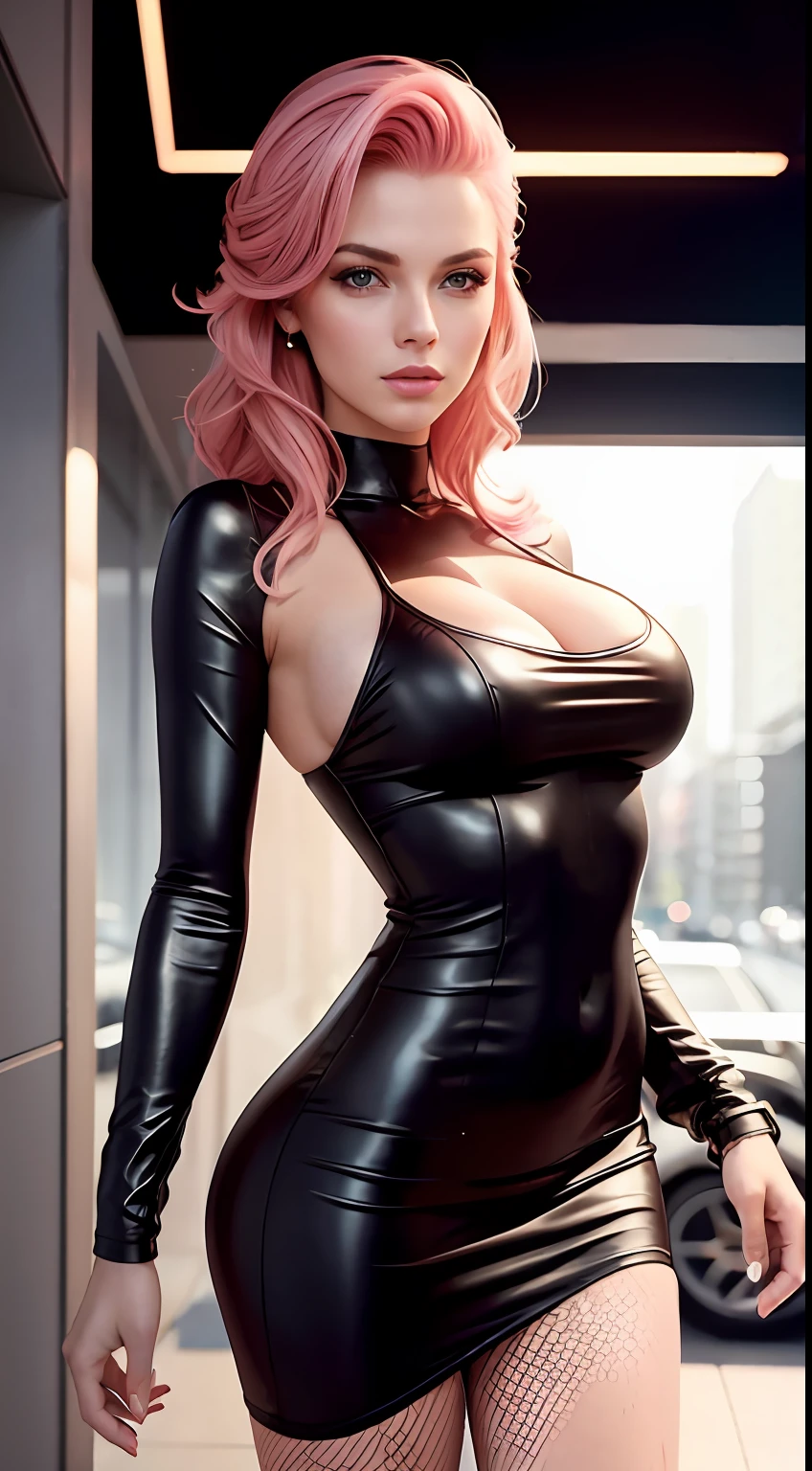 European woman, A fashion model, Wear a tight dress, Glamour, paparazzi taking pictures of her, Pink hair, Brown eyes, 8K, High quality, Masterpiece, Best quality,G-cup， HD, Extremely detailed, voluminetric lighting, Photorealistic