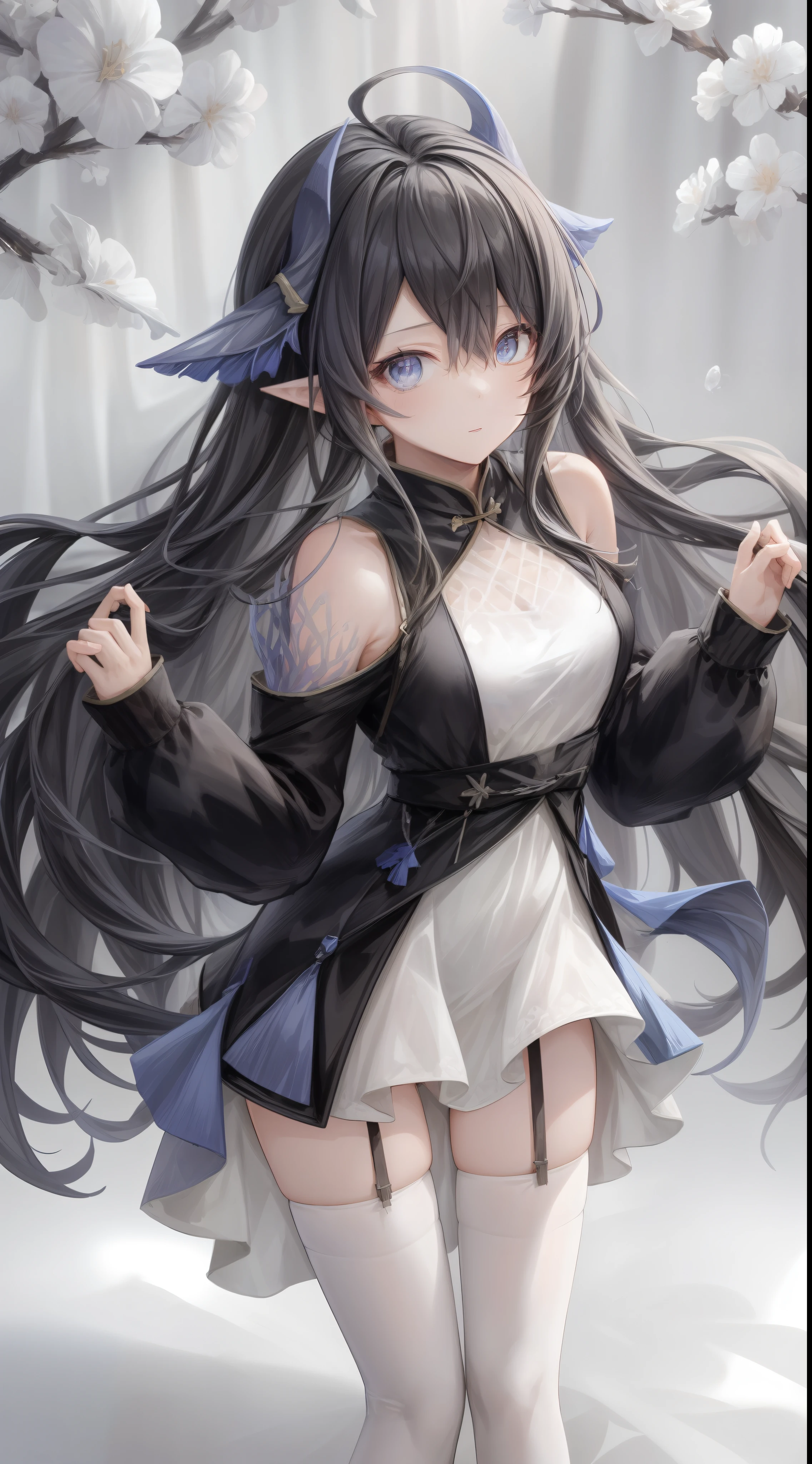 Masterpiece, perfect ideal body, perfect ideal face, 1girl, long hair, white thighhighs, black hair,coral,pointy ears, blue horns,grey eyes, blue eyes, multicolored hair,head fins, seethrough_china_dress, incredibly beautiful attractive, seductive and Incredibly charming, cheongsam