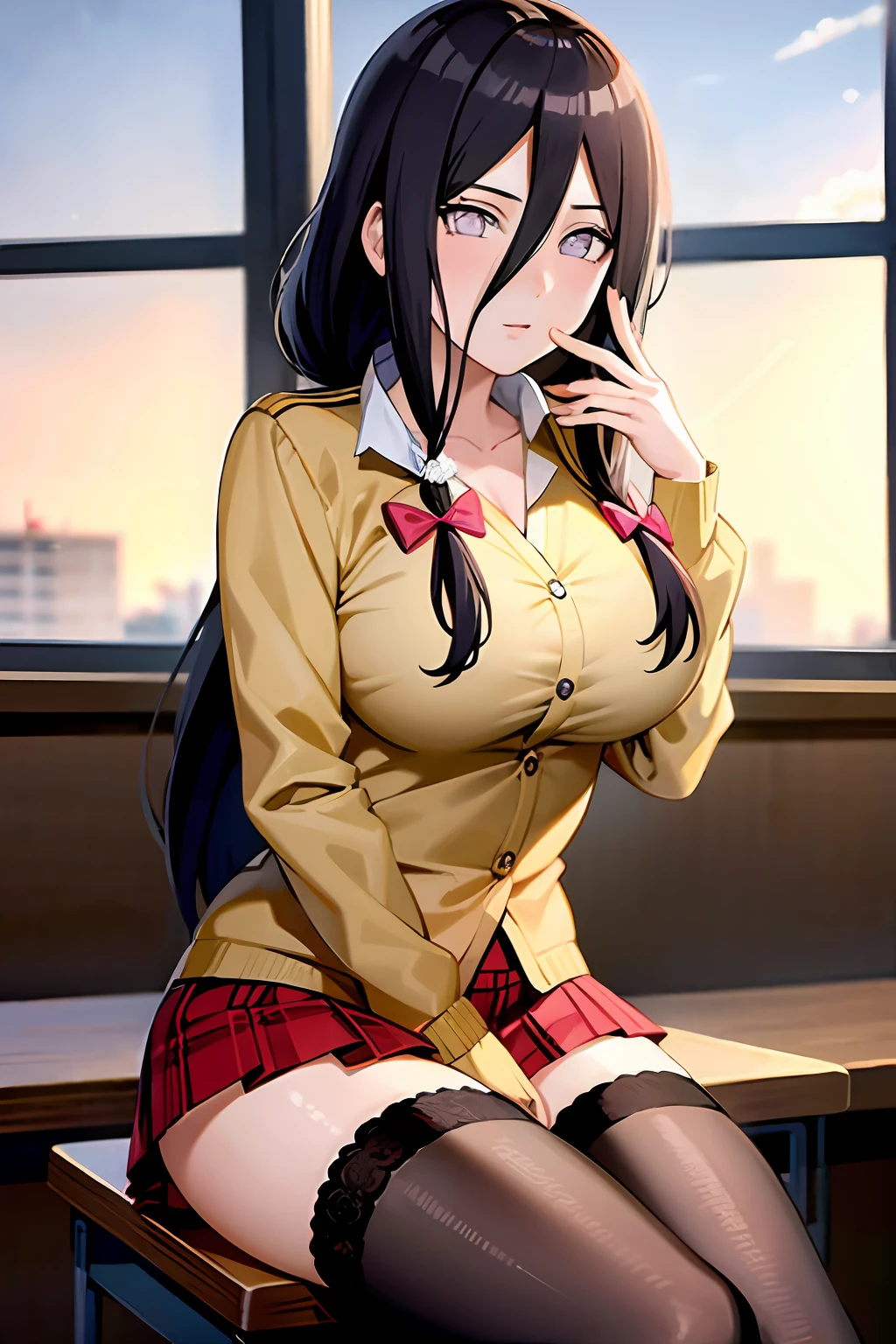 tmasterpiece, hoang lap , (Complicated details), (rich colourful), 电影灯光, the Extremely Detailed CG Unity 8K Wallpapers , Hinata flower proportions, 1girll, 独奏,(at class room,sitting on the classroom desk,Wear an unbuttoned school uniform,Long black stockings,is shy,Bigboobs, Low hair tied long),perspire,