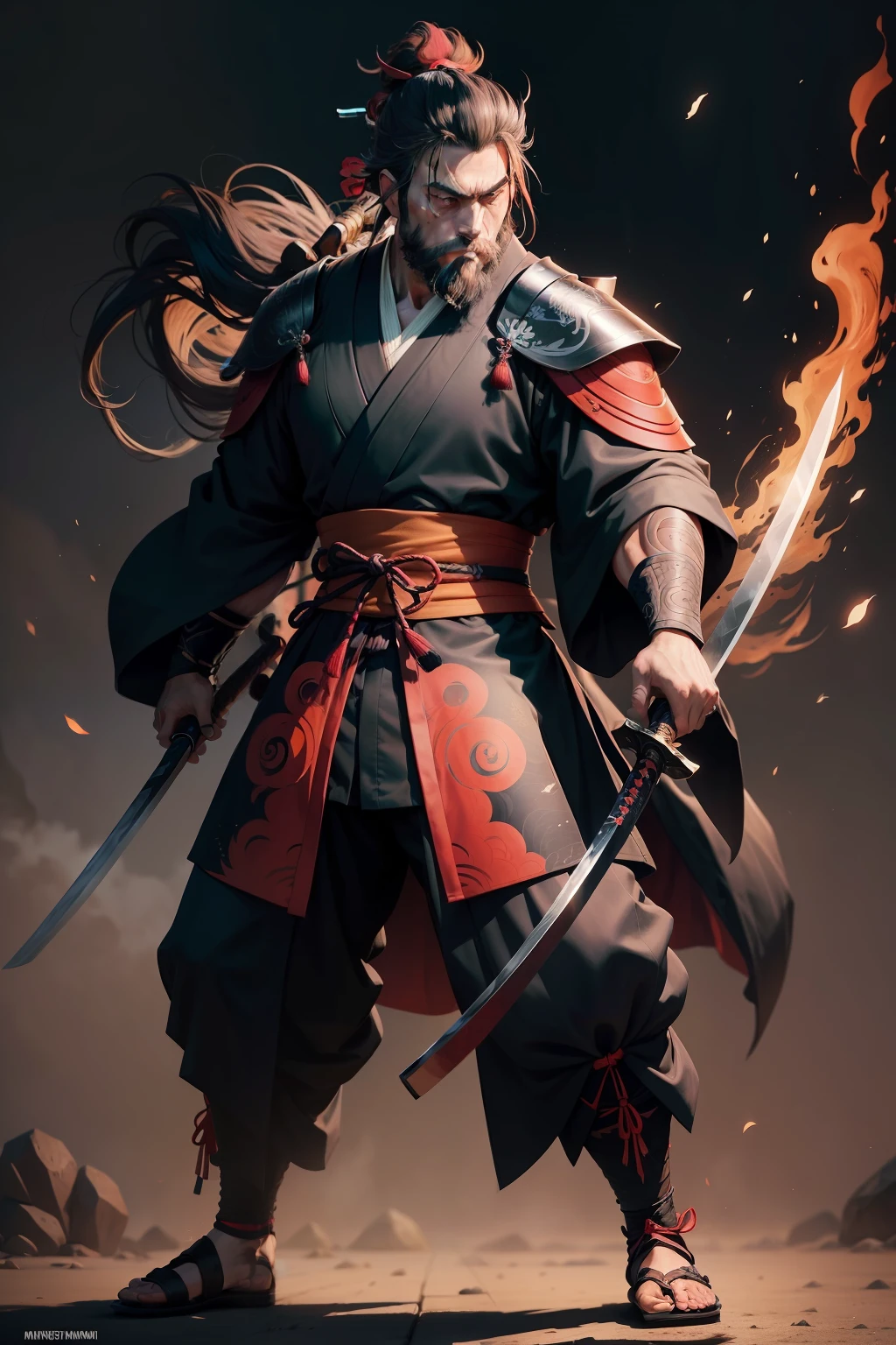 It is a full-body painting with natural colors with Katsushika Hokusai-style line drawings. The swordsman Miyamoto Musashi is a Japan samurai with a large and strong physique like a professional wrestler. His face is very dignified. He also has short black hair and a short, trimmed beard. His upper body is covered in a black kimono and his hakama is knee-long. In his right hand he holds a Japan sword with a longer sword part. High quality, masterpiece high resolution ukiyo-e style sharp glowing lightning and swirling red flames. Miyamoto Musashi powerfully swings his sword down towards the enemy in front. One sword and two cuts