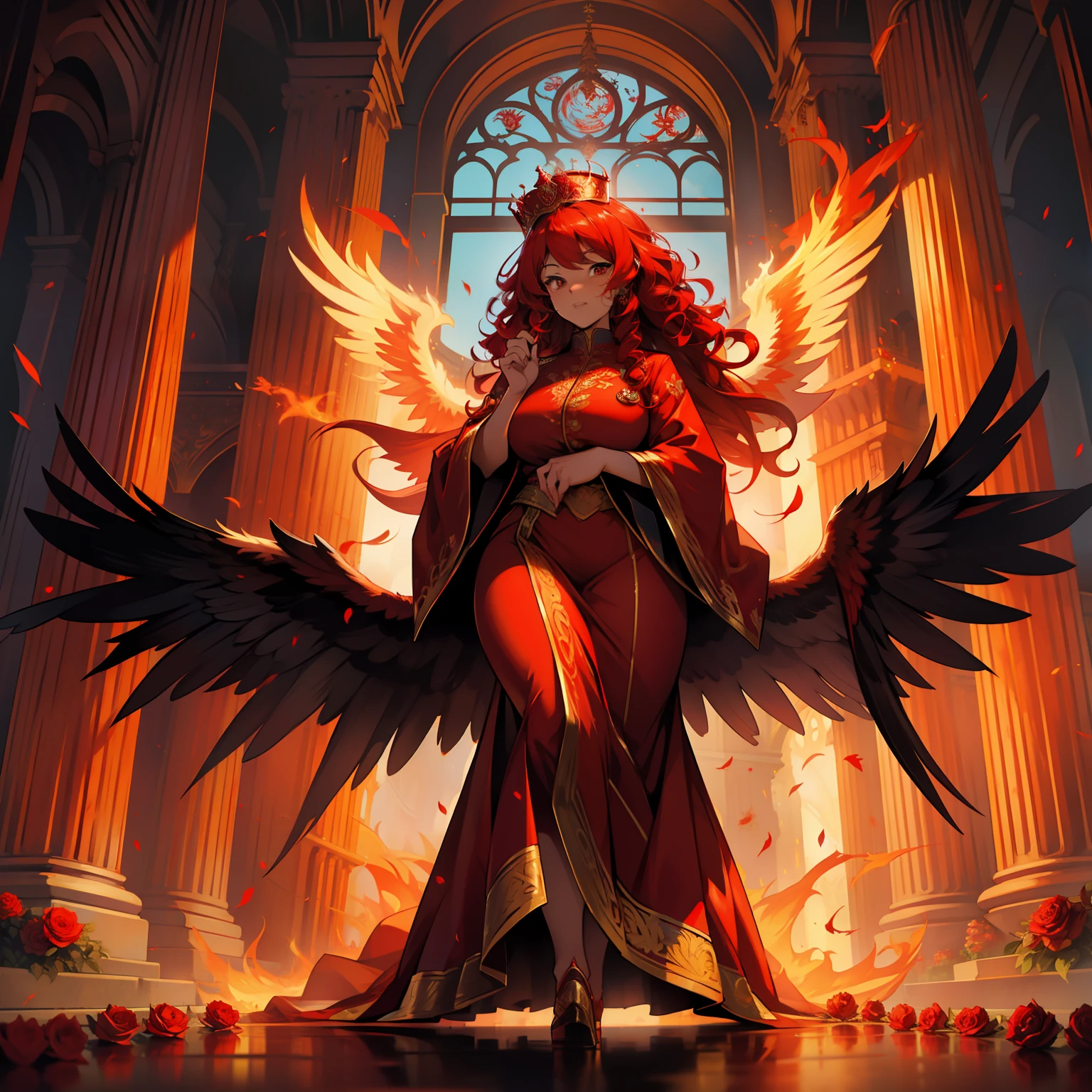 Red Phoenix , beautiful female, chubby, flames on body, huge wings, curly hair, flames, fire, in gardens of roses, supreme royal attire, massive wings, red wings, crown, inside palace