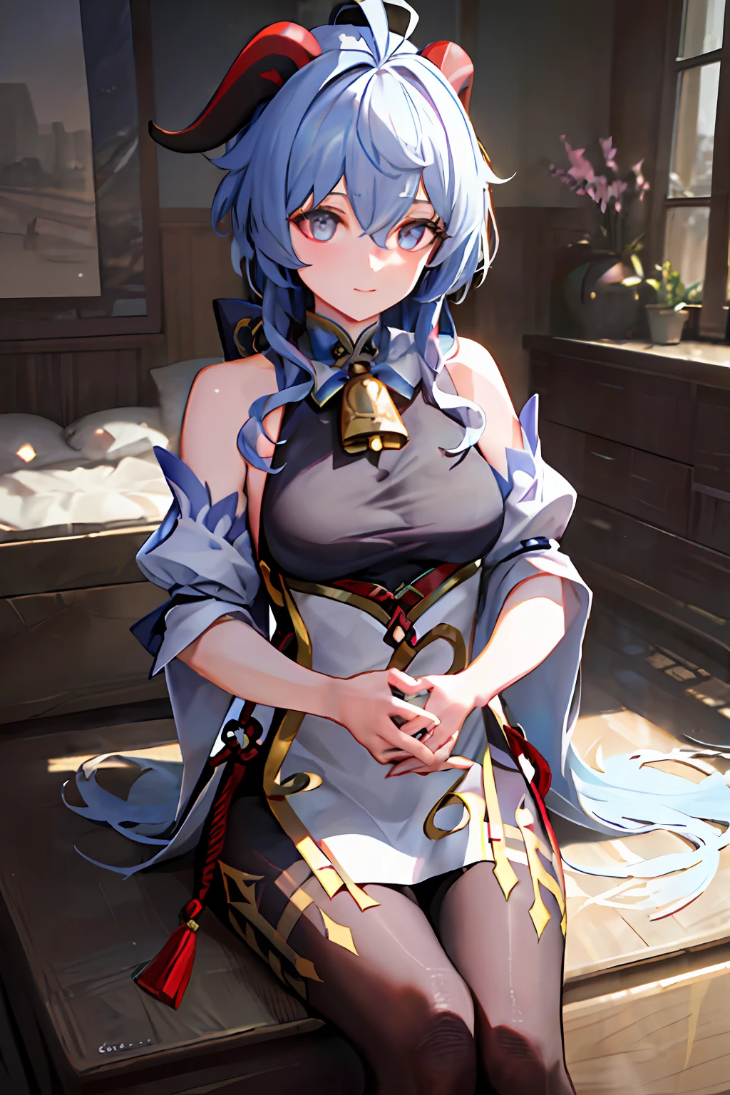 (photorealistic:1.4), (masterpiece, sidelighting, finely detailed beautiful eyes: 1.2), masterpiece*portrait, realistic, 3d face, ganyu \(genshin impact\), 1girl, ahoge, architecture, By bangs，nakeness，Bell，（blue  hair），Blushlush，Beautiful breasts，Chinese knot，flower knot，cow horn，long whitr hair，Look at the audience，middlebreast，Neckbells