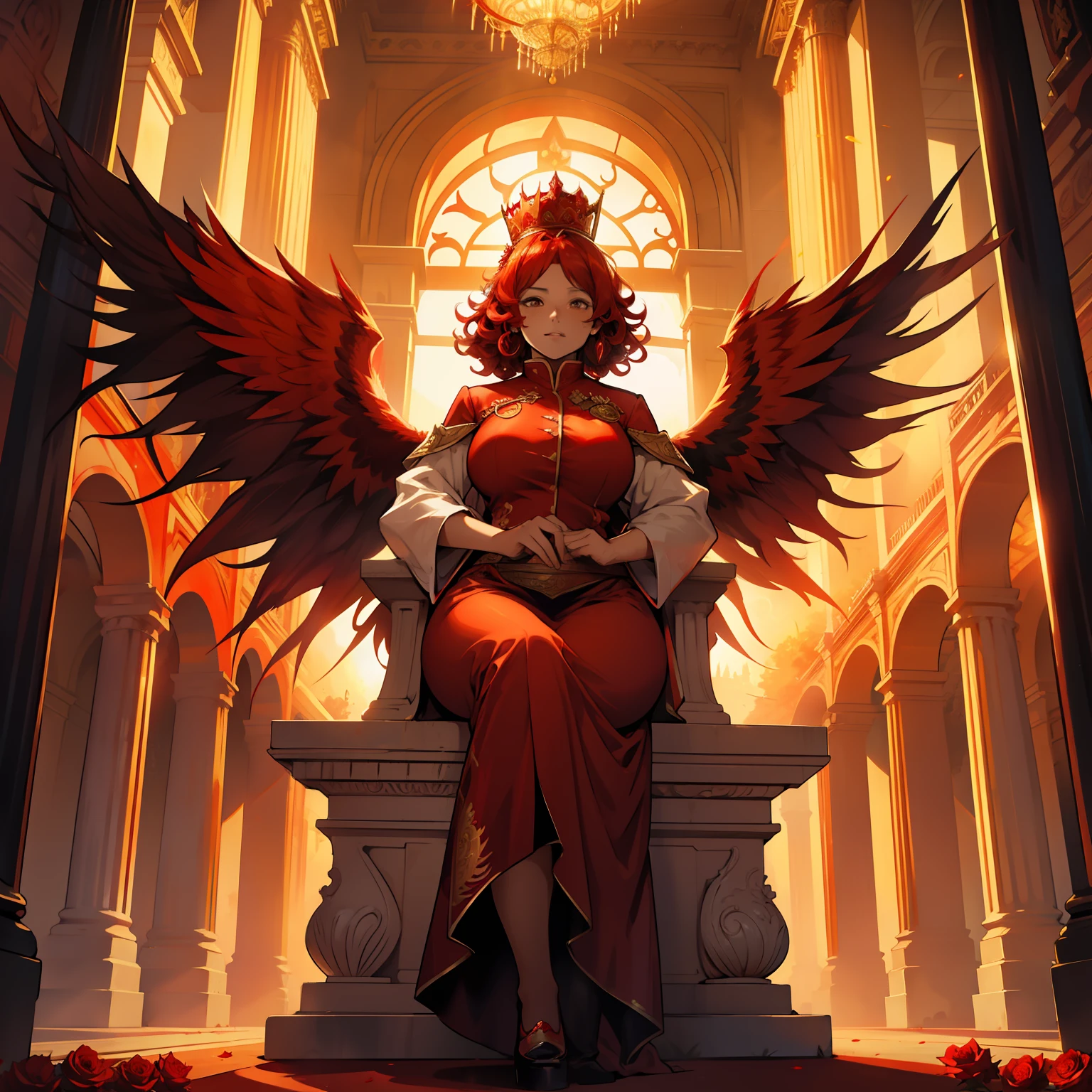 Red Phoenix , beautiful female, chubby, flames on body, huge wings, curly hair, flames, fire, in gardens of roses, supreme royal attire, massive wings, red wings, crown, inside palace