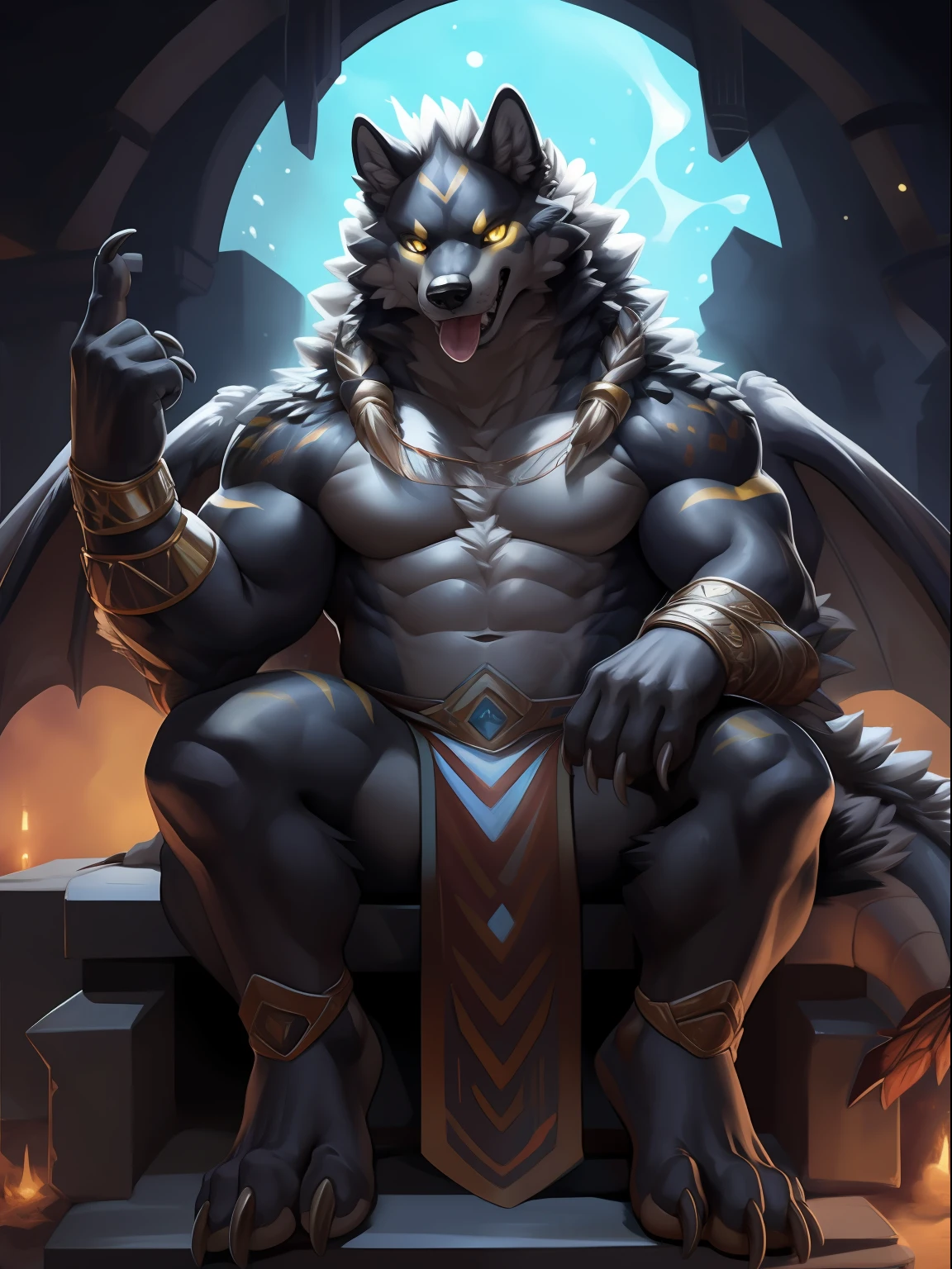 Solo, Male, (Muscular), sacrifices, (male anthro wolf):1.3, Pure black body,, (Kamimei，Sitting):1.3, (komono:1.4) (DOA):1.23, (, The loincloth is semi-worn，Half comes off， Yellow pattern:1.2), Detailed eyes, lizard tail,A pair of dragon horns, A pair of dragon wings，((half-body portrait)), (Detailed eyes, Yellow eyes, Black skin，Yellow stripes，Sharp claws，Cute beast claws，Stick out her tongue，Fluid spills from the lower body，glowing light eyes):1.1, (exteriors:1.35), altar, firey, fumo, In the desert temple，The Lobby，sitting on an royal throne, the night, Be red in the face，enjoying，（Particle，glowworm，blue glowing）：1.3，detailedbackground，realisticlying，realistic hand，8k hdr，（Dark shadows，Wide dynamic range，hdr，low-light：1.2），author（pino daeni，（author：by ruaidri），author：virtyalfobo）