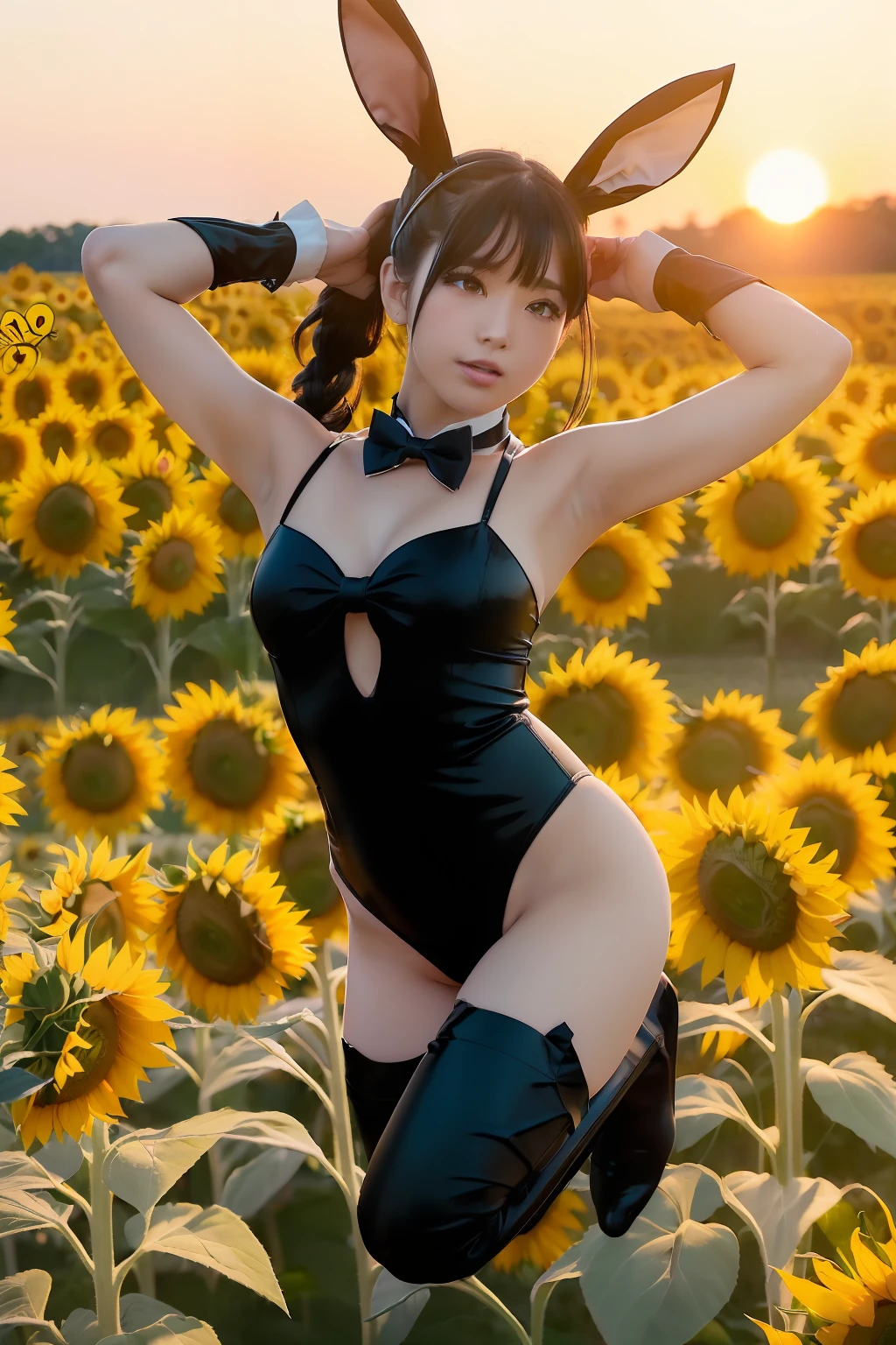 ((((Leaping high and high))))、(((Backward)))、(((Black Bunny Girl Hair Band)))、(((twintails hairstyle)))、(((Hair that flutters in the wind)))、Photorealsitic、超A high resolution、Convoluted、ultra-detailliert、(dent in the skin)、Cute、Feminine、Detailed body、Medium chest、(A detailed face: 1.1)、(Outline of the iris)、(Hydrocore Lens)、(perfect eyes)、8K、16k、realisitic、Beautiful fece、(masterpiece: 1.2)、(top-quality:1.2)、wide-hips、slenderbody、Black theme、Optimal ratio of 4 fingers to 1 thumb、actionpose、((Enamel Knee High Boots))、((Enamel Long Gloves)) 、(((maikurobikini)))、(((Bunny girl collar and black bow tie)))、(((Accurately depict limbs))))、NSFW、(((Large sunflower field at sunset)))、(((Contre-Jour)))