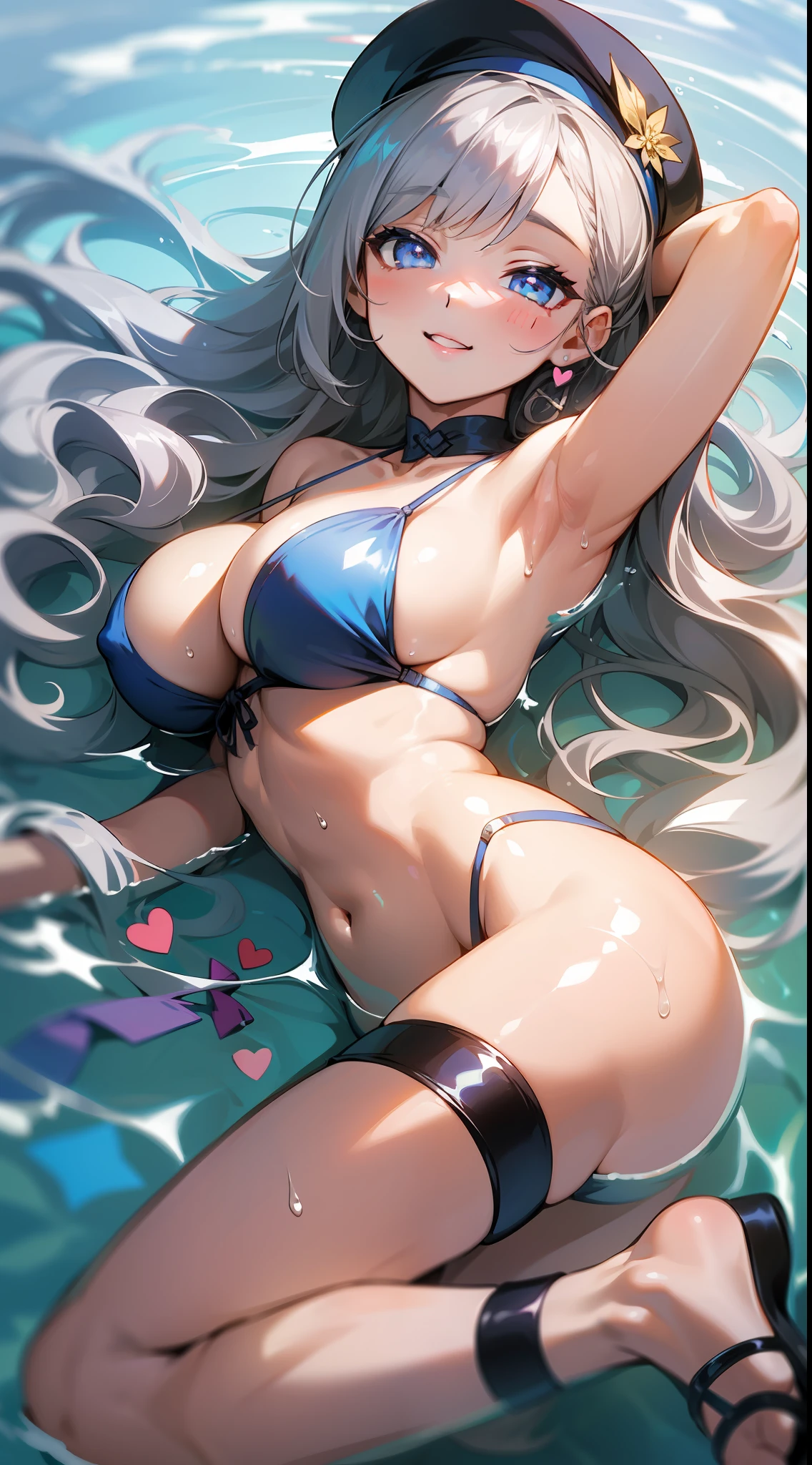 smile,asian ,1GIRL, CUTE ,from_side, upper_body, from bellow,ceiling,looking at viewer, focus on eyes, leg_up, long hair, wavy hair, bangs, hair pulled back, grey hair, snowflakesdetailed cute anime face, blush stickers, heart-shaped_pupils, parted_lips, huge_breasts, white beret, side-tie_bikini_bottom, beautiful bare back, thigh_strap, sandals, skindentation, halterneck, water splash, Flying splashes, reflective water surface, shiny,