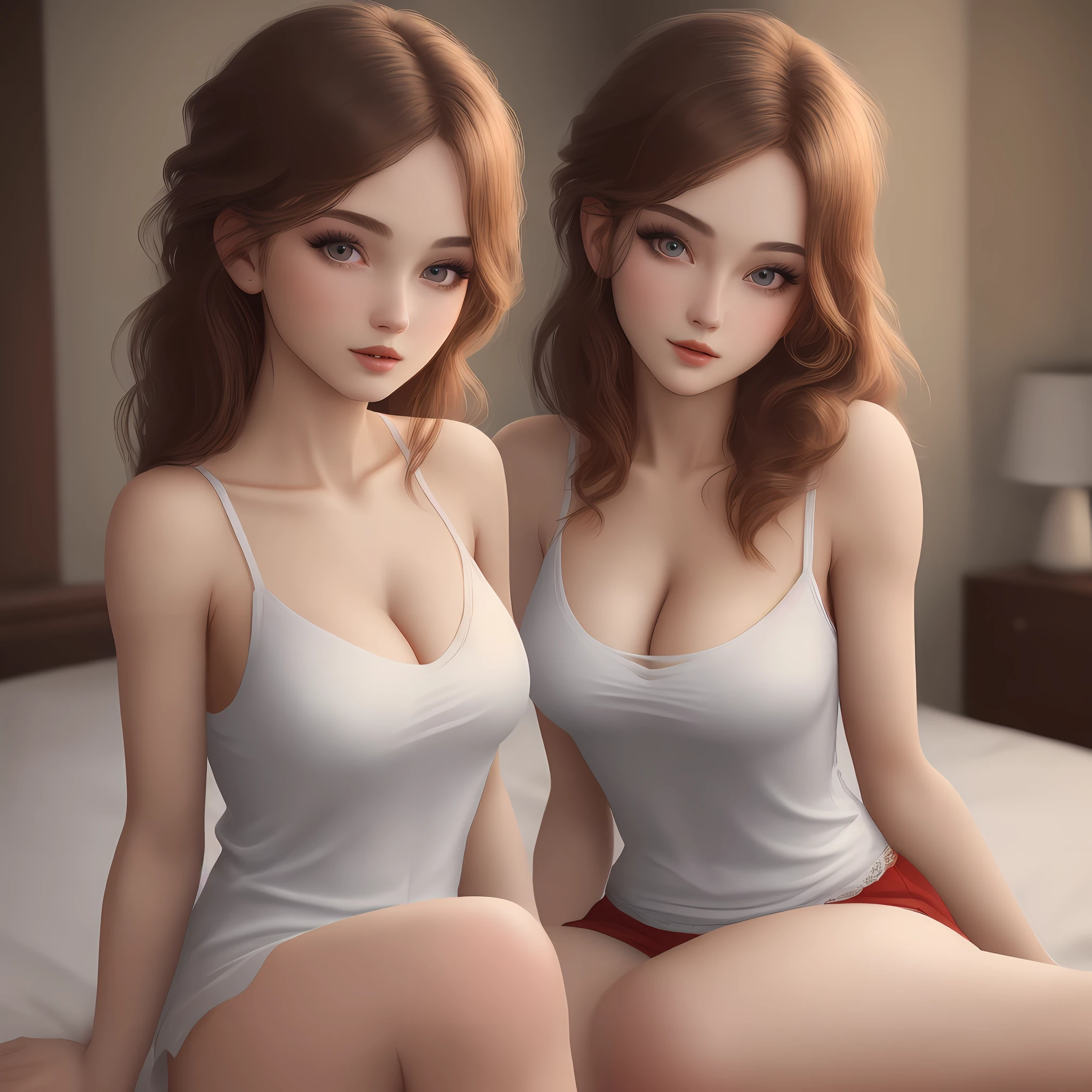 ((Top quality, 8k, Masterpiece: 1.3)), beauty, hidden face, 1 girl, beauty: 1.3, slender abs: 1.1, camisole vest, random hairstyle, (sitting on bed), ultra-detailed face, highly detailed lips, detailed eyes, double eyelids, exposed cleavage,