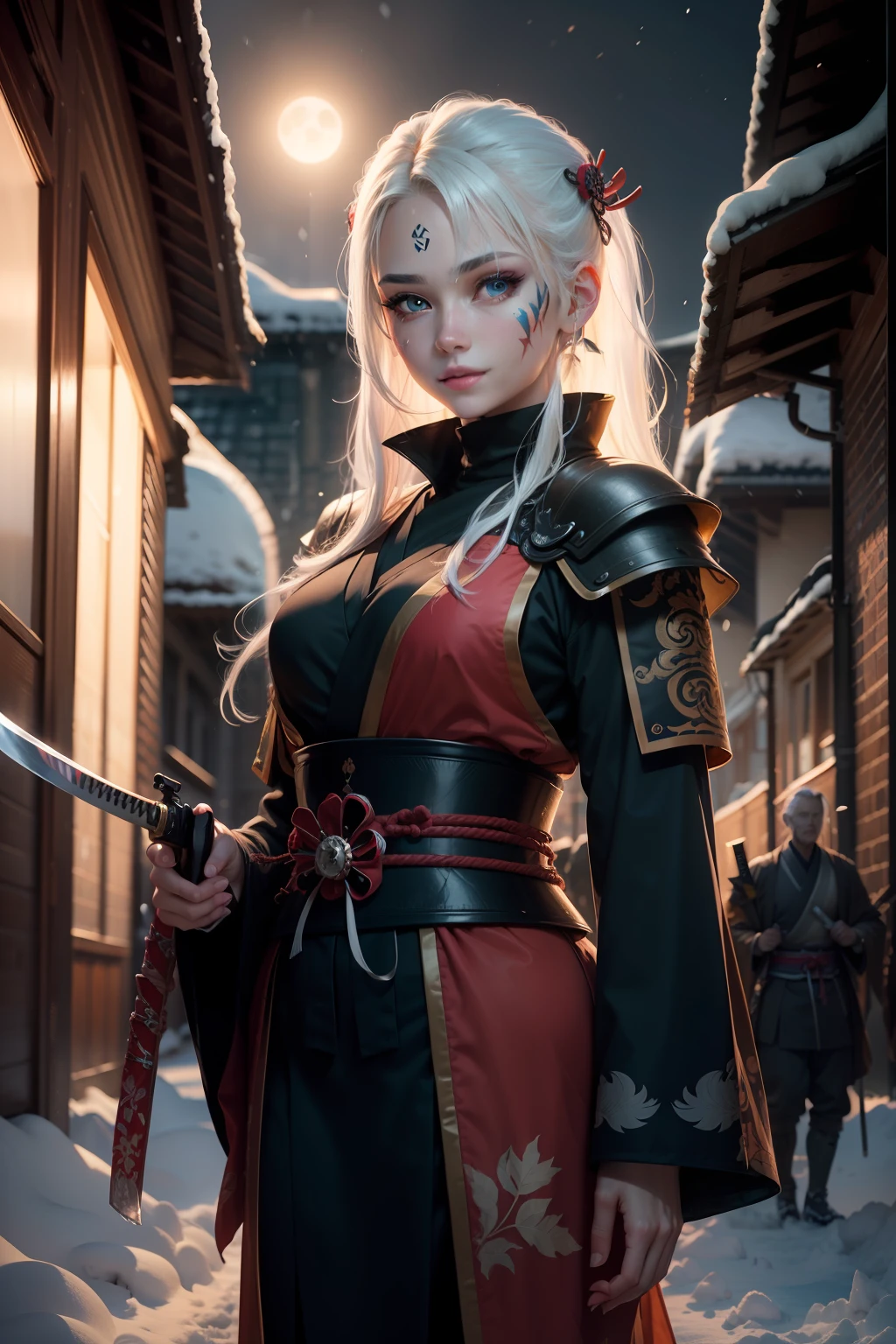 white hair, battle worn, shining blue eyes, samurai, pretty girl, delicate face, beautiful girl, slender body, hot girl, holding katana with both hands, full body white samurai uniform, under the moonlight, snow, pale skin, long beautiful streaked hair, floating hair, smile, soft face, kind eyes,, eyebrows behind hair, ringed eyes, soft smile, face paint, scars on face, Surrealism, ray tracing, reflection light, motion lines, blurry background, night time, Canon, Fujifilm, 8k, super detail, best quality, UHD, portrait