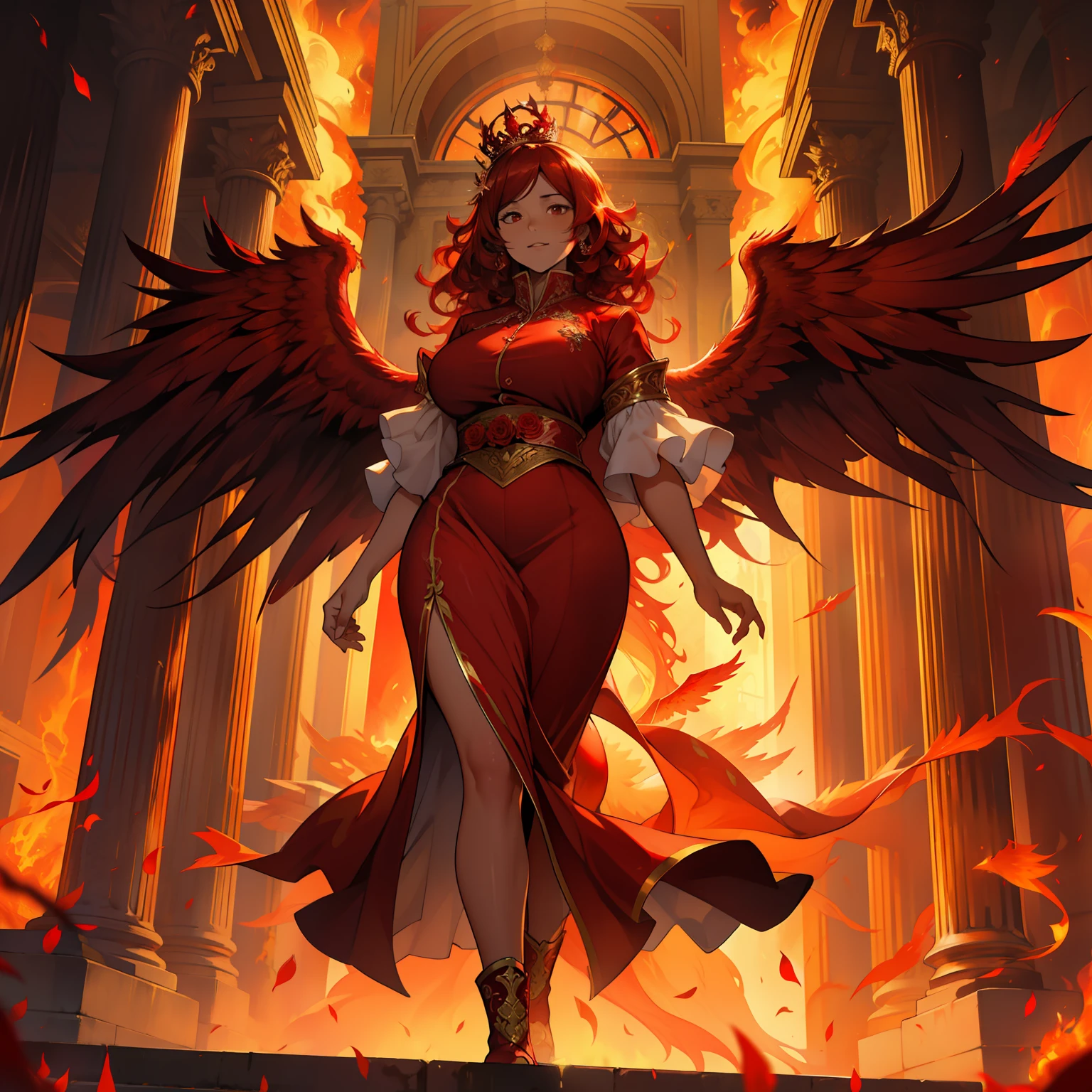 Red Phoenix , beautiful female, chubby, flames on body, huge wings, curly hair, flames, fire, in gardens of roses, supreme royal attire, massive wings, red wings, crown, inside palace