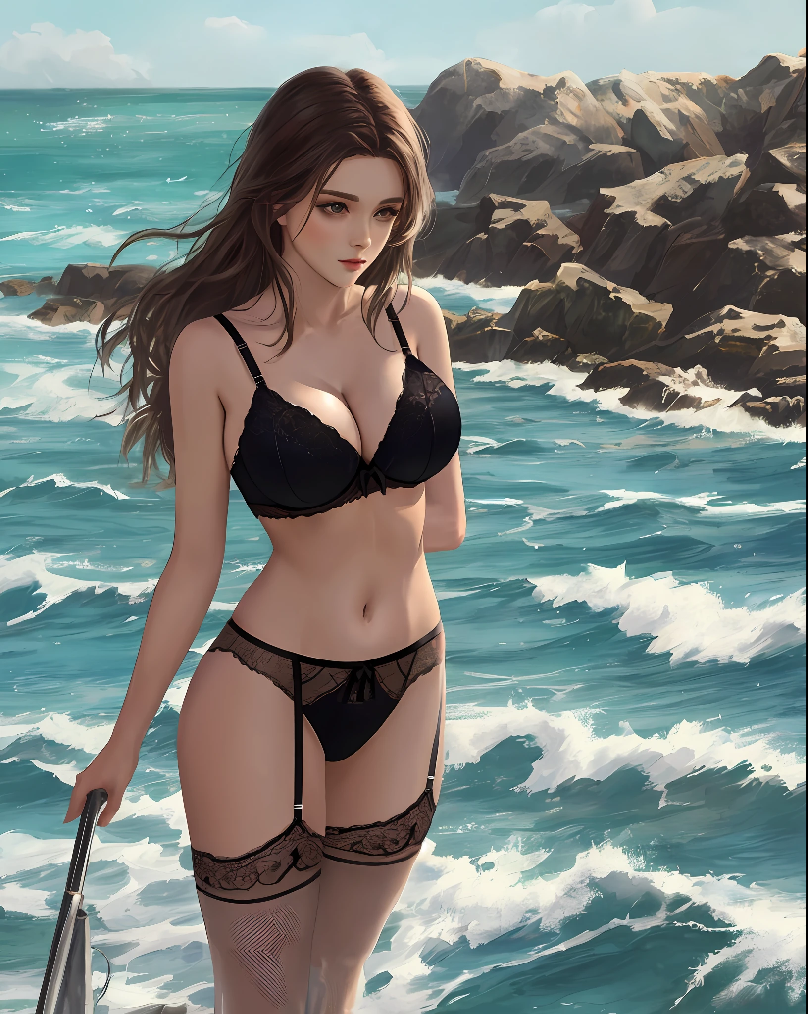 Beauty in lingerie with big breasts standing by the sea