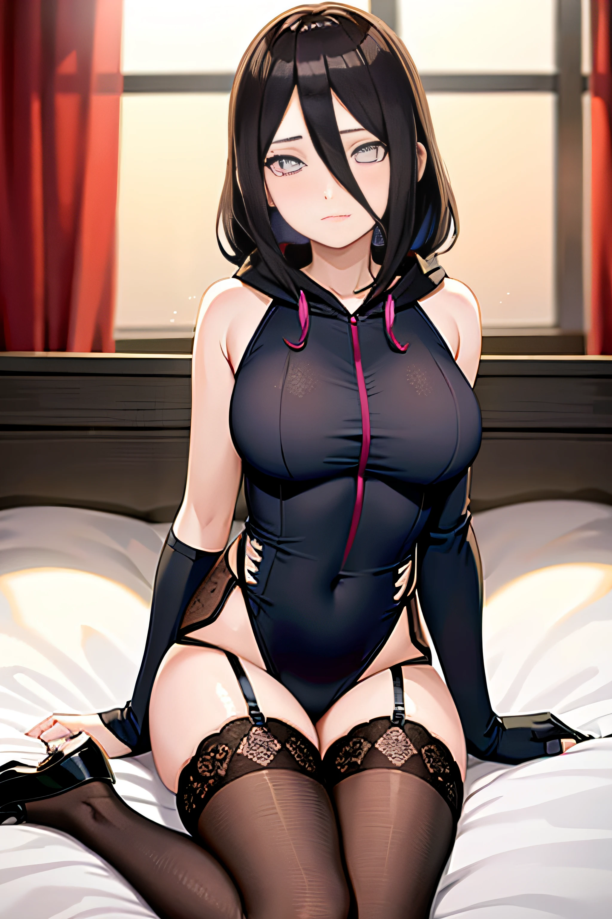 tmasterpiece， hoang lap ， （Complicated details）， （rich colourful）， 电影灯光， the Extremely Detailed CG Unity 8K Wallpapers ， Hinata flower proportions， 1girll， 独奏，（w hotel，sit on a bed，wearing hoodie，Long black stockings，is shy，Bigboobs， Low hair tied long），perspire，