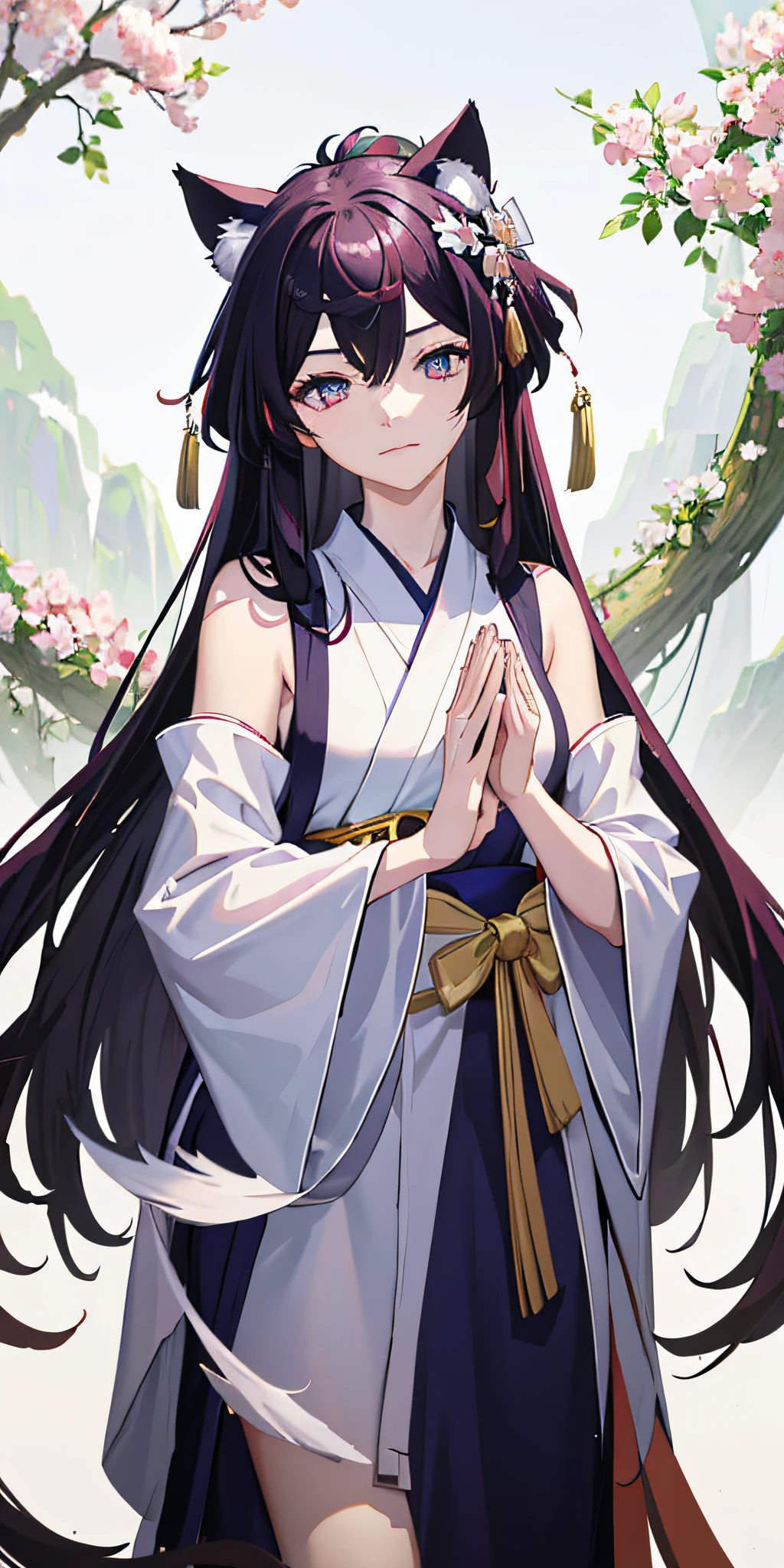 cat ear,Anime girl with long black hair and blue eyes in a white kimono, flowing hair and long robes, onmyoji portrait, Palace , A girl in Hanfu, anime visual of a cute girl, Anime girl with long hair, onmyoji, Onmyoji detailed art, demon slayer rui fanart, Anime moe art style, Anime goddess