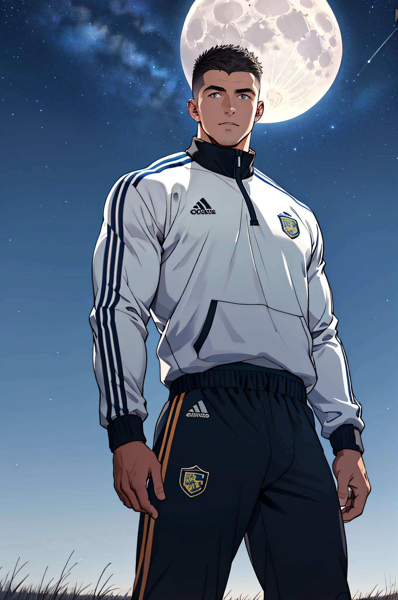 Draw a full-fledged footballer,Standing on the steppe at night,He was wearing a tracksuit,The man looks confident and determined,looking-down,Crew cut,full bodyesbian,Stars dot the sky,shooting from below,Big moon highlights background