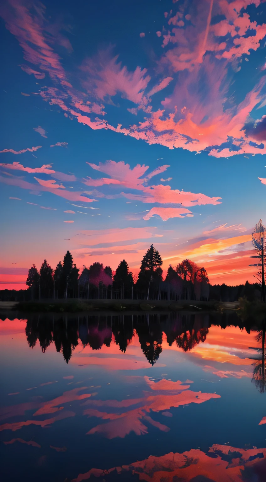 there is a beautiful sunset with a lake and trees in the background, colorful skies, surreal colors, colorful sunset, colorful sky, marvellous reflection of the sky, stunning sky, dream like atmosphere 8k, colorful clouds, colors reflecting on lake, surreal sky, red and blue reflections, fire reflection, beautiful sky, beautiful and spectacular dusk, beautiful dreamy landscape, amazing sky