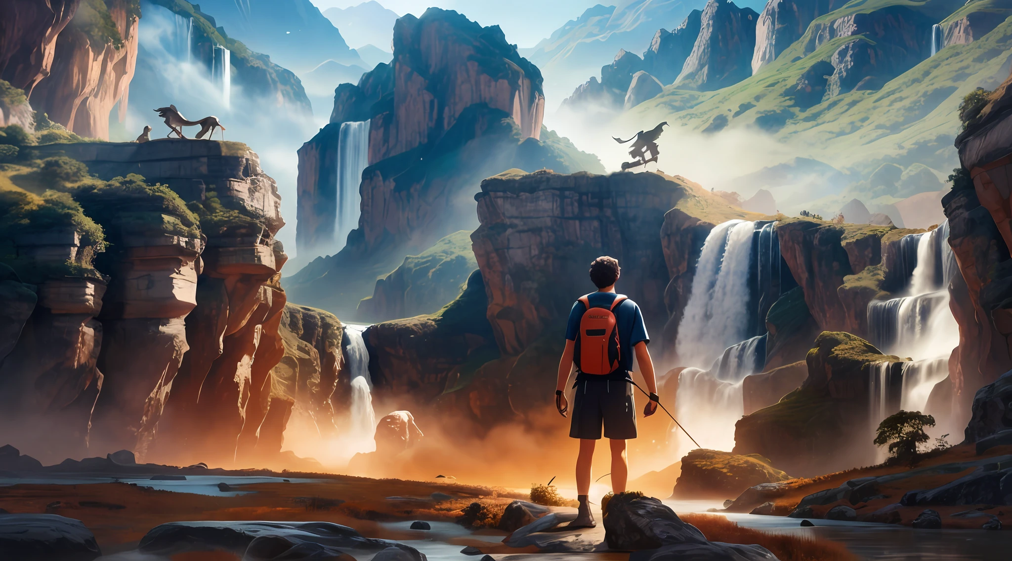 A man stands on a rock looking at the waterfall, adventure hyper realistic render, Concept art wallpaper 4K, inspired by Michael Komarck, unreal engine 5 digital art, 4k highly detailed digital art, 4 k hd illustrative wallpaper, 4K detailed digital art, Movie 4K wallpaper, Movie 4K wallpaper, jessica rossier fantasy art