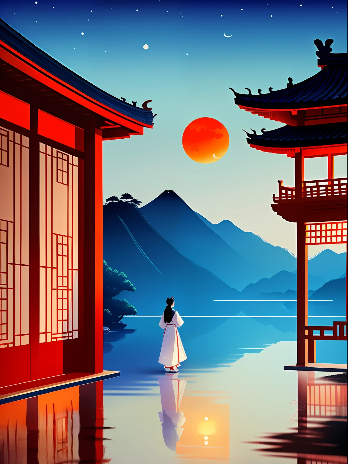 a night scene with the Chinese porch, a Chinese lady walk through, wearing Hanfu, Minimalist illustrations, classical, Chinese Zen, minimalism, Tang dynasty, landscape painting, red and classical blue gradient, water reflection, moon, zen-like tranquility
