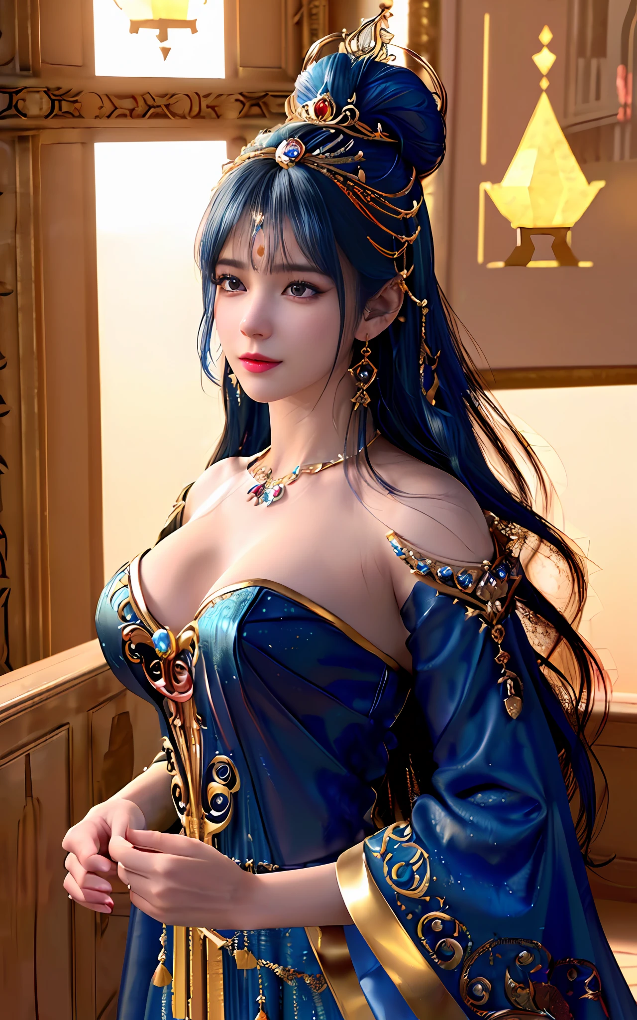 ((realisticity: 1.2)), ((best resolution: 8K UHD)), best quality,masterpiece,highres,cg,
((1 super detailed and super realistic girl)), ((very beautiful queen dazzling, super realistic, and super detailed)),((white skin, beautiful, smooth, youthful, super realistic and super detailed
)), long hair, ((super realistic and super detailed dress)), solo, ((super realistic, super beautiful, gorgeous and super detailed jewelry)), ((super beautiful, super realistic and super detailed dark blue and golden yellow dress)),
((super beautiful, super realistic, super detailed diamond filled earrings)),
((super beautiful, super realistic and super detailed diamond filled hair ornament)), ((super beautiful upper body, super beautiful, super realistic and super detailed)), ((big breasts: 2.5)),
((super grand, super realistic and super detailed royal palace backgroun))
((super beautiful, super beautiful, super realistic and super detailed hair bun)), ((super beautiful, super realistic and super detailed blue hair)),
candid, Photograph, high resolution, 8k,Bokeh,