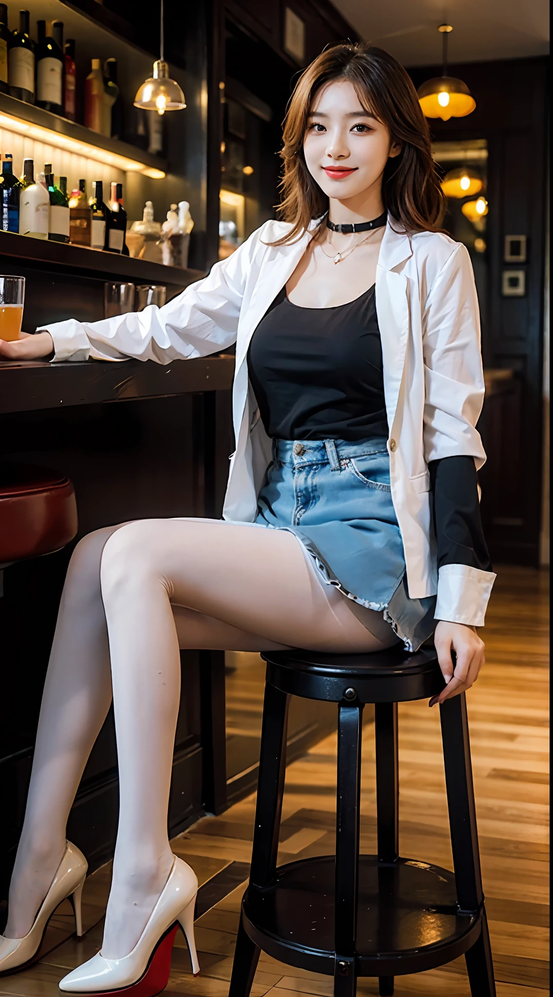 delicated,tmasterpiece,beautifuldetails,Extremely colorful,Exquisite details,Delicate lips,The details are complex,Large breasts,1人の女性,(A beautiful 20 year old cute Korean woman:1.1),(Kpop idol,Korean mixed-race),(50mm Sigma f /1.4 ZEISS lens, F1.4, 1/800s, ISO 100, photography of:1.1), (brunette color hair:1.2), (Photorealistic:1.4), (spy:1.2), (Open jacket,shirt, Skirt,tiese,White panty hose,christian louboutin\(brand\),:1.3),耳Nipple Ring,choker necklace,armlets,(pub,Bar:1.2),(beautifullegs,High girl,Skinny,Slim_Legs,upper legs_the gap,model:1.2),Lens flare,seen from the front,(Happy smile:1.1),dynamicposes,(putting makeup on:1.2),Leaning on the bar stool,