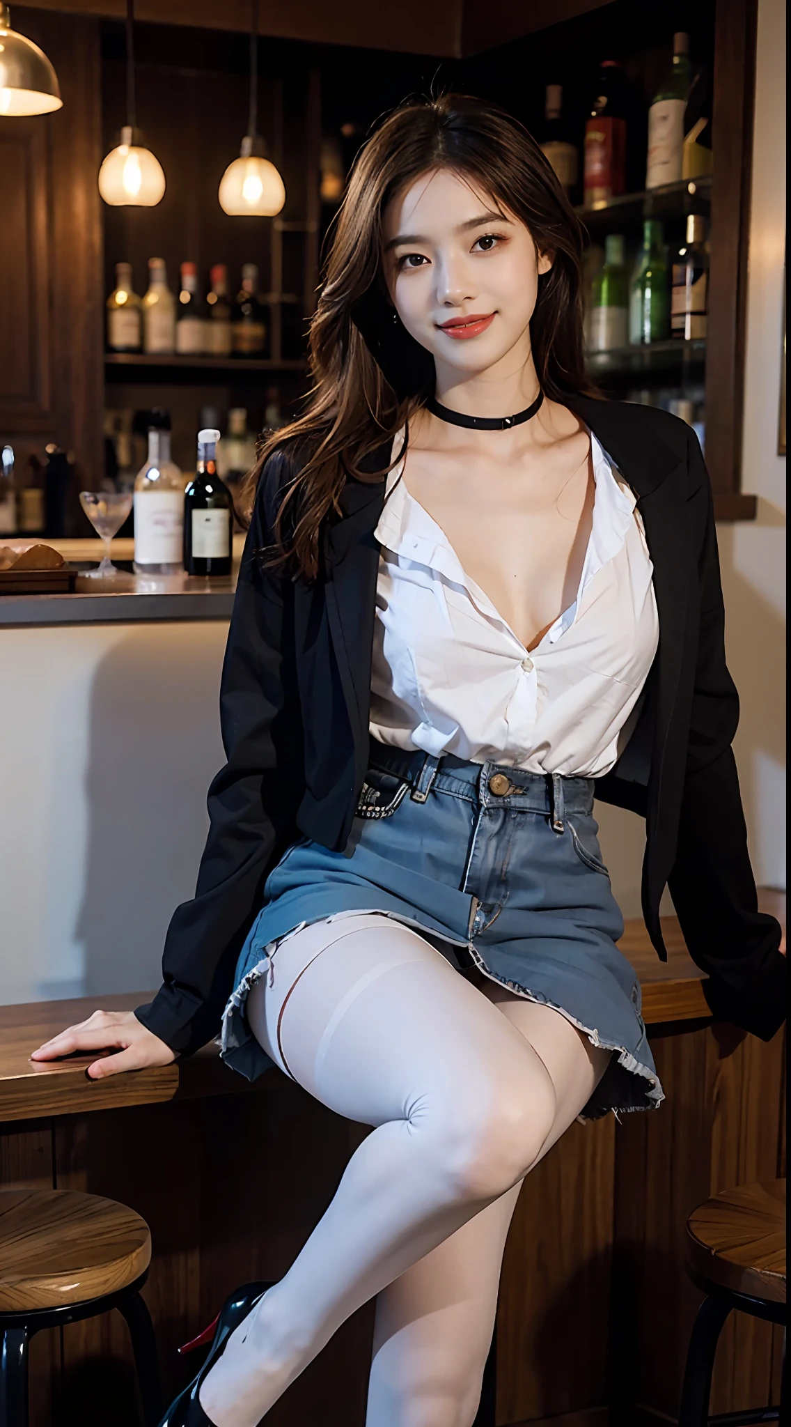 delicated,tmasterpiece,beautifuldetails,Extremely colorful,Exquisite details,Delicate lips,The details are complex,Large breasts,1人の女性,(A beautiful 20 year old cute Korean woman:1.1),(Kpop idol,Korean mixed-race),(50mm Sigma f /1.4 ZEISS lens, F1.4, 1/800s, ISO 100, photography of:1.1), (brunette color hair:1.2), (Photorealistic:1.4), (spy:1.2), (Open jacket,shirt, Skirt,tiese,White panty hose,christian louboutin\(brand\),:1.3),耳Nipple Ring,choker necklace,armlets,(pub,Bar:1.2),(beautifullegs,High girl,Skinny,Slim_Legs,upper legs_the gap,model:1.2),Lens flare,seen from the front,(Happy smile:1.1),dynamicposes,(putting makeup on:1.2),Leaning on the bar stool,