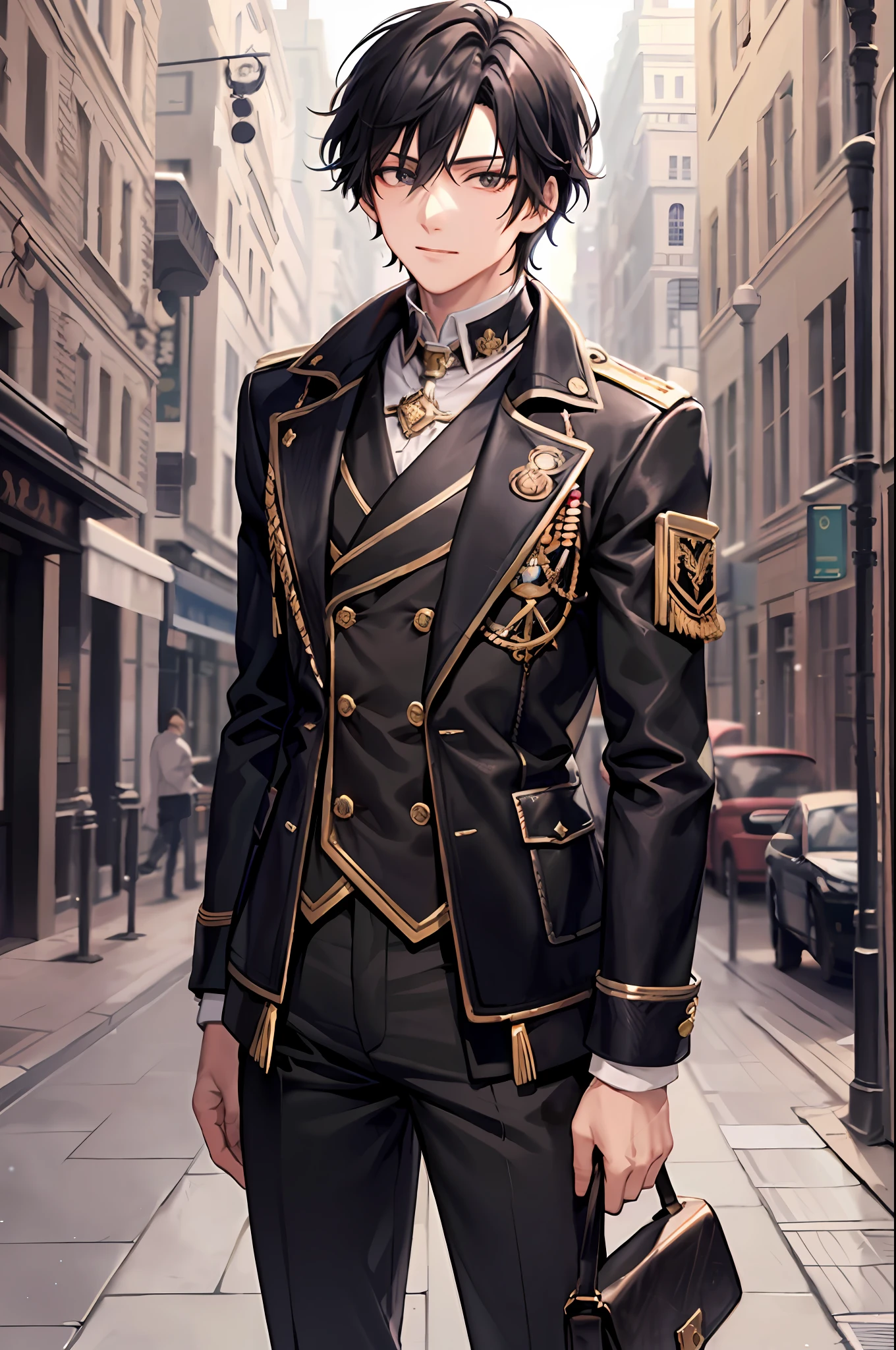 tmasterpiece, 1boy, 22 years old, Klein Moretti, The Lord of Mysteries, Sequence 9, seer, black  hair, Short Hair Hair, brown eye, double-breasted jacket, pants, cane