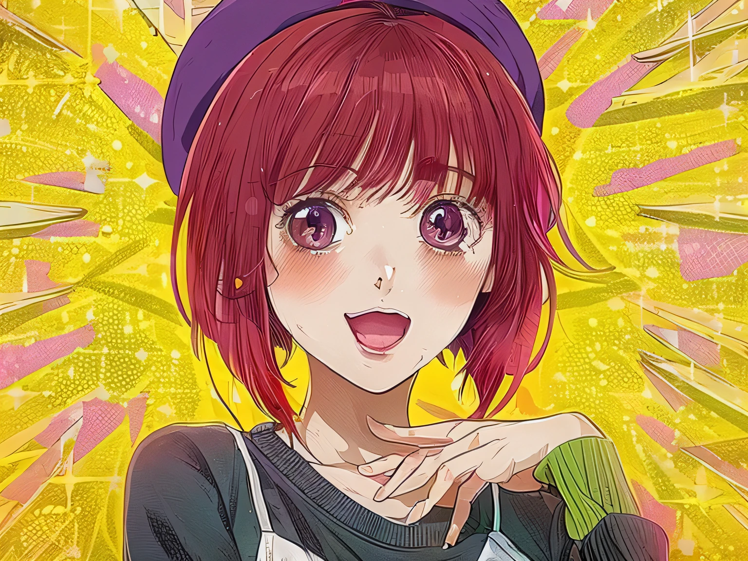 a woman with red hair and a purple hat is posing, Anime visuals of cute girls, closeup Iwakura Lain, Anime Best Girl, anime moe art style