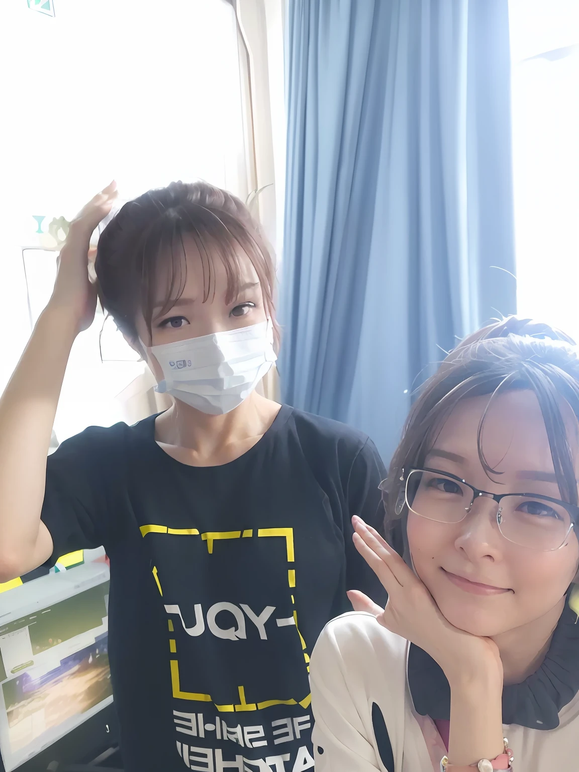 tmasterpiece,They wear masks,Pose for photos in the room, , 8K selfie photos, Student, 8K)), wearing face mask, HighestQuali, with her long, with ivy, Profile picture, 8K!, # overclocking, #overclocking