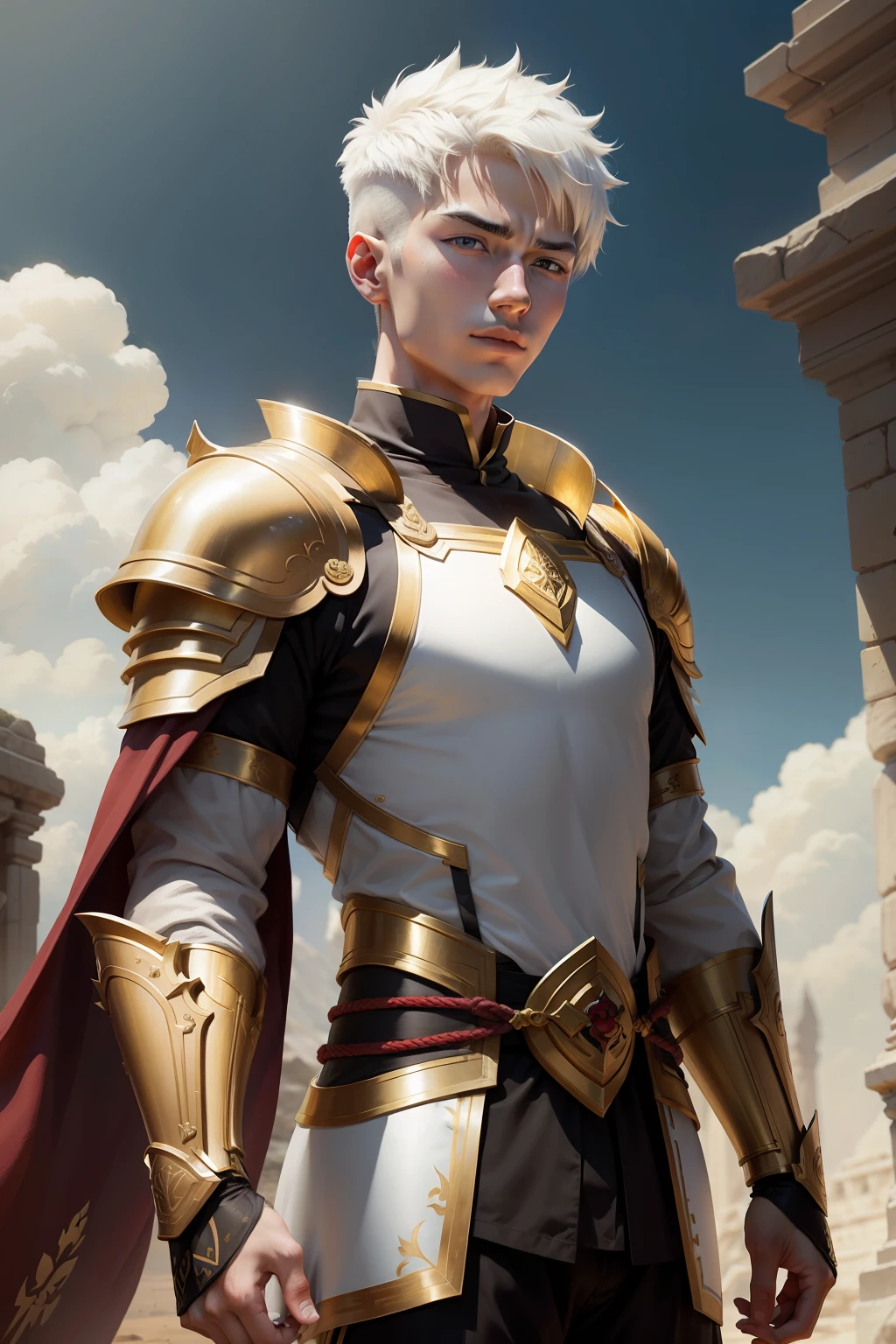 Young man with short white hair,Wear gold armor,ancient wind。