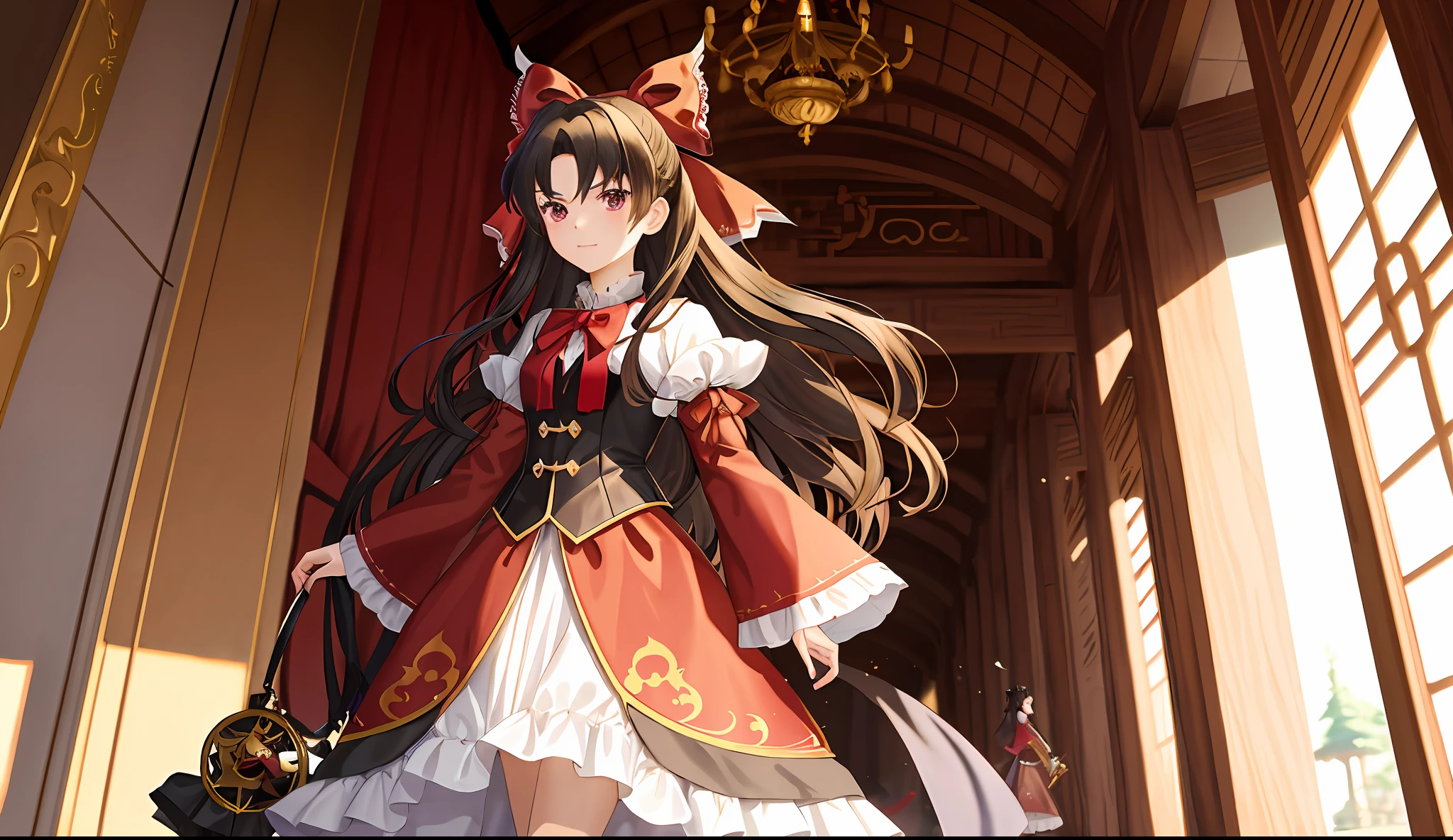A woman stands next to the carriage, tohsaka-rin, reimu hakurei, small curvaceous loli, black-haired mage, pixiv 3dcg, royal attire akira, holding a pudica pose, Loli, shalltear bloodfallen, full-body xianxia, wearing gilded red royal robes, fashion jrpg,lotch