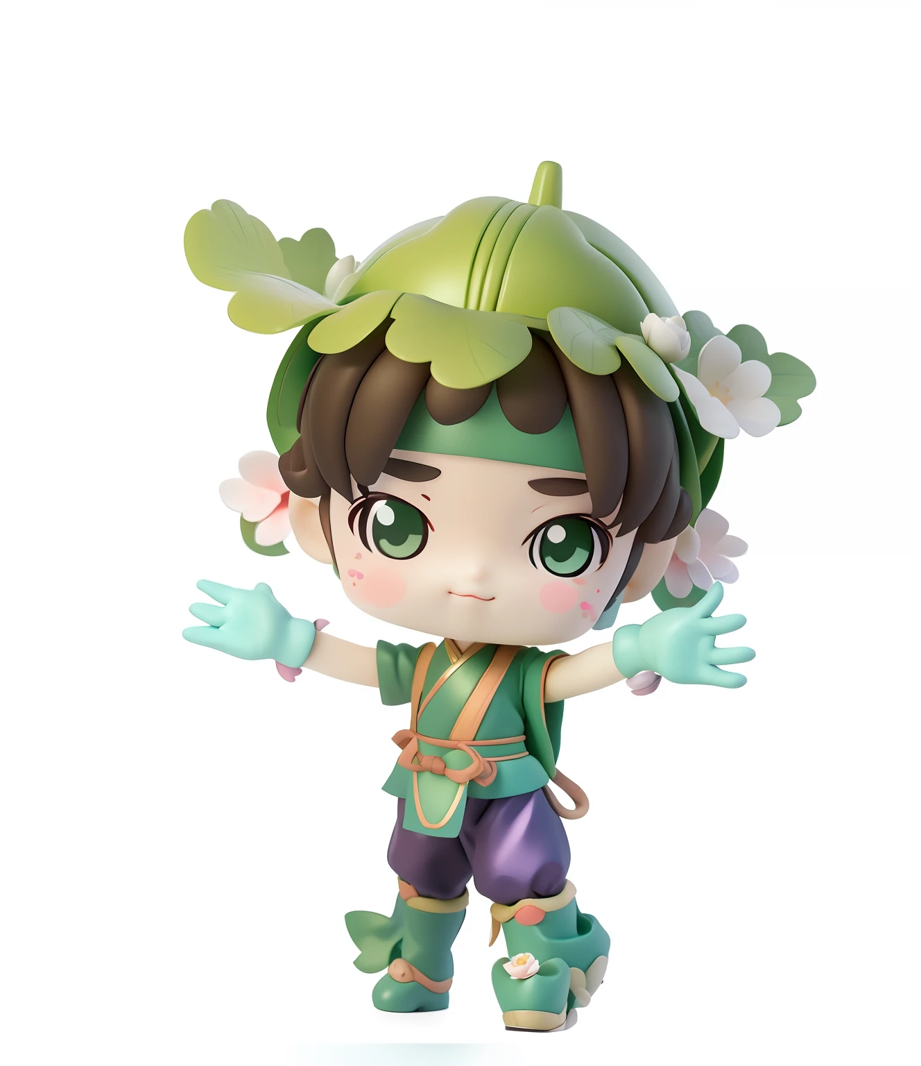 PopMart blind box IP,(Daisaku),(Need),(Super meticulous),(full bodyesbian:1.2),1 super cute boy in Chinese Tang costume,Wearing a hat in the shape of a lotus leaf,Streamline 3D/C4D production:8K HD quality,adolable,ssmile,green headwear,Blurred,A brown-haired,Blush stickers,longer sleeves,By bangs,brunette color hair,pinkflower,(beautiful detailed face),(美丽细致的眼睛),
