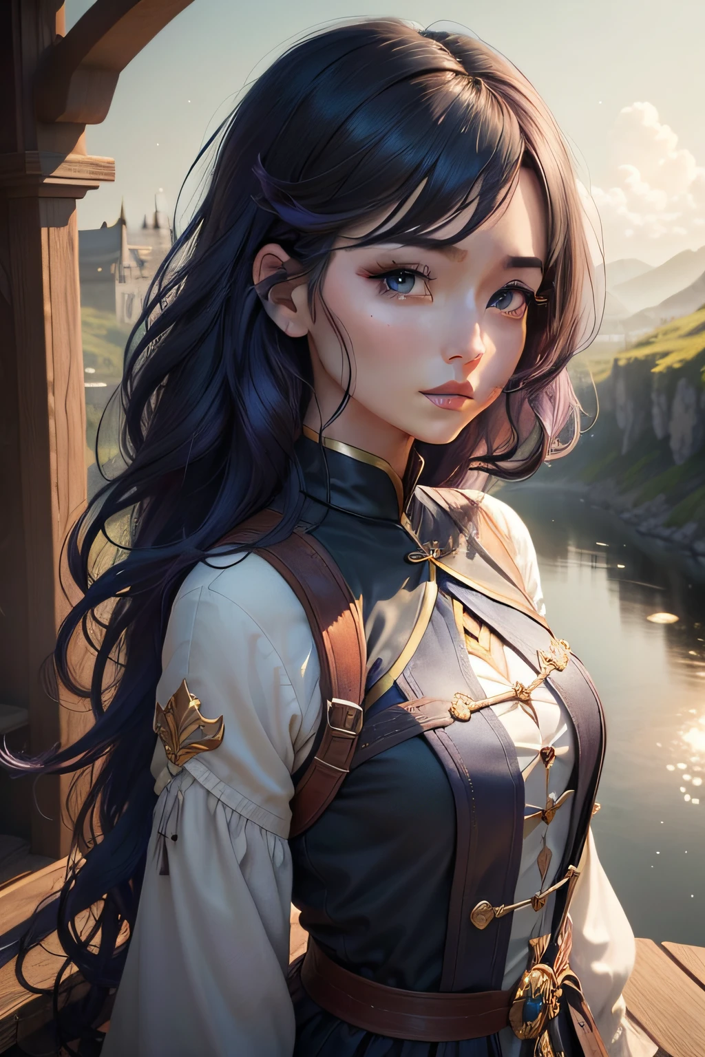 Create a profile picture depicted as a resident of a fantasy world。Your hairstyle is a bob、Hair shines with magical shades。Big eyes and long lashes、Gives an attractive impression。In the background there is a fantastic view shining in the sky Light gently shining on the face。In photo-like、Please have a nice profile picture where the fantastic atmosphere envelops the whole。