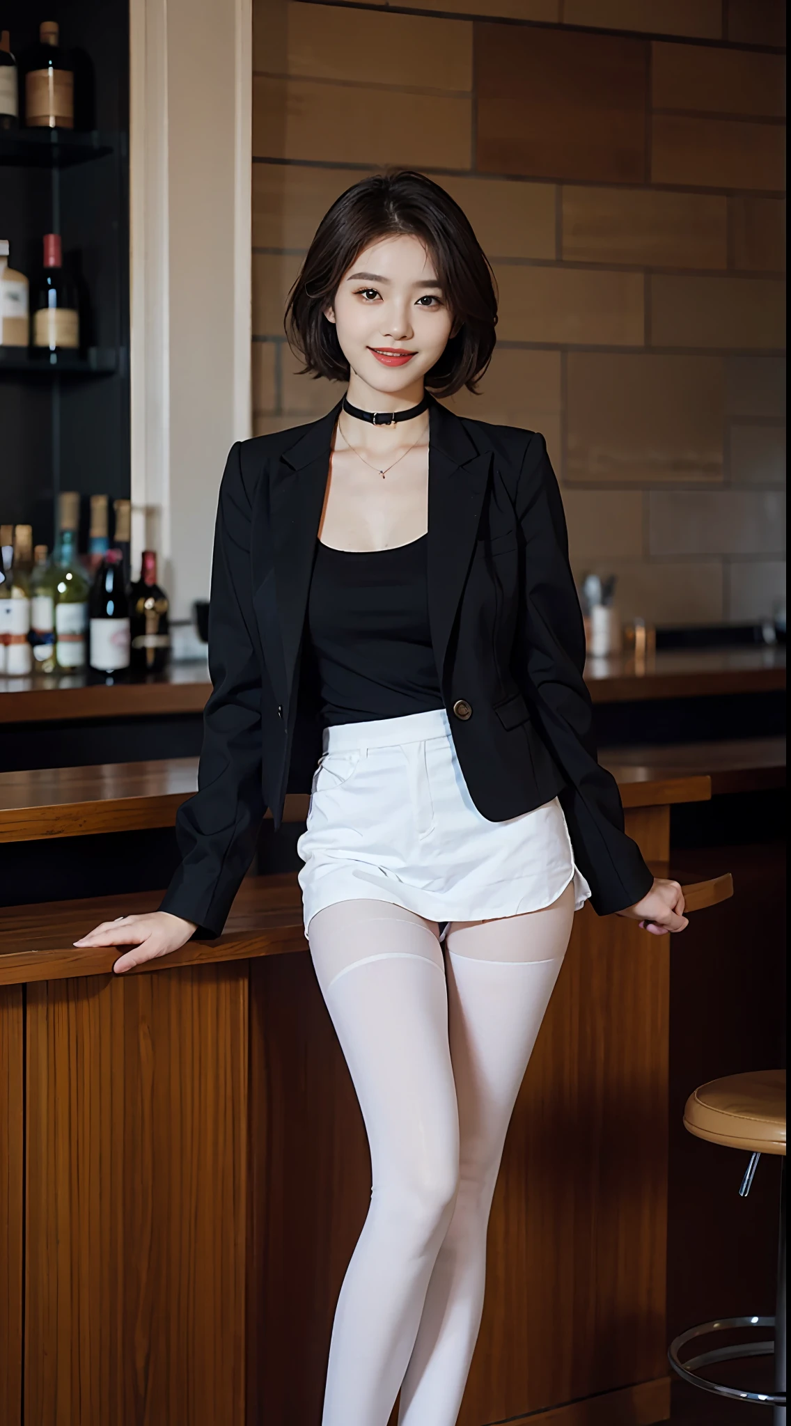 delicated,tmasterpiece,beautifuldetails,Extremely colorful,Exquisite details,Delicate lips,The details are complex,Large breasts,1人の女性,(A beautiful 20 year old cute Korean woman:1.1),(Kpop idol,Korean mixed-race),(50mm Sigma f /1.4 ZEISS lens, F1.4, 1/800s, ISO 100, photography of:1.1), (brunette color hair:1.2), (Photorealistic:1.4), (spy:1.2), (Open jacket,shirt, Skirt,tiese,White panty hose,christian louboutin\(brand\),:1.3),耳Nipple Ring,choker necklace,armlets,(pub,Bar:1.2),(beautifullegs,High girl,Skinny,Slim_Legs,upper legs_the gap,model:1.2),Lens flare,seen from the front,(Happy smile:1.1),dynamicposes,(putting makeup on:1.2),Leaning on the bar stool,