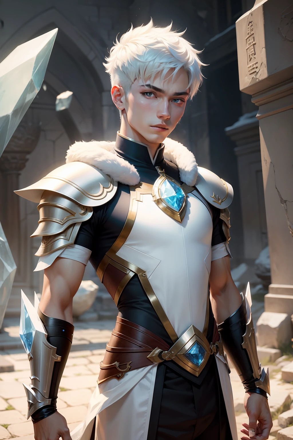Young man with short white hair,Put on the crystal armor,Ancient wind。