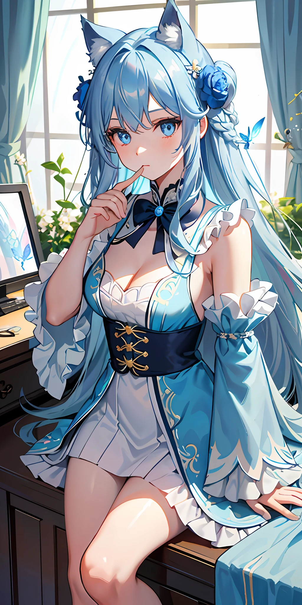 (Overlooking),dynamic angle,Super meticulous,illustratio,closeup cleavage,Looking directly at,1girl,(fanciful:1.4),Cat ears,Anthropomorphic animals, Black tail,(Blue eyes:1.233),Her eyes shone like dreamy stars,(glowing light eyes:1.233) ,(美丽细致的眼睛:1.1),(silber hair:1.14),(messy  hair,Very long hair,french braid,Hair between both eyes,Lateral hair),(+(Blue hair flowers:1.14)),(chiffon dress,Uniform blue flower pattern)/=(army suit:1.24),(Separate sleeves,Wide sleeves),(Fingerless gloves),choker,(miko thighhighs),high heels boots,(face expressionless,Keep one's mouth shut),(standing on your feet), (Classical princess boudoir with dressing table, floor-to-ceiling windows, white ancient palace),(flor branca,full bloom),(abyssal),(flowingwater),(Dark Blue World Tree:1.14),(废墟),(natta:1.2 ),dreamy,soul,(fluorescent),(Flying translucent blue butterfly:1.15),[[Delicate fingers and hands:0.55]::0.85],(Finger details),(yubao:0.5),