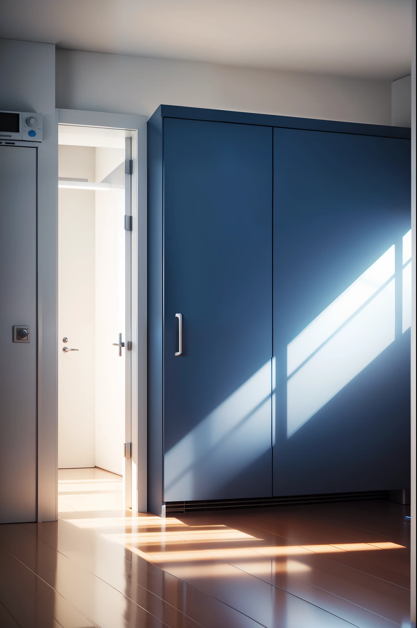 There is a blue sheet of paper on the floor next to the glass, Clean 4D rendering, rendered in octane render 32k, laboratory background, clean white lab background, rendered in octane render, smooth 3d cg render, rendered in cinema 4 d, Rendered in Cinema4D, Laboratory Background, minimalistic background