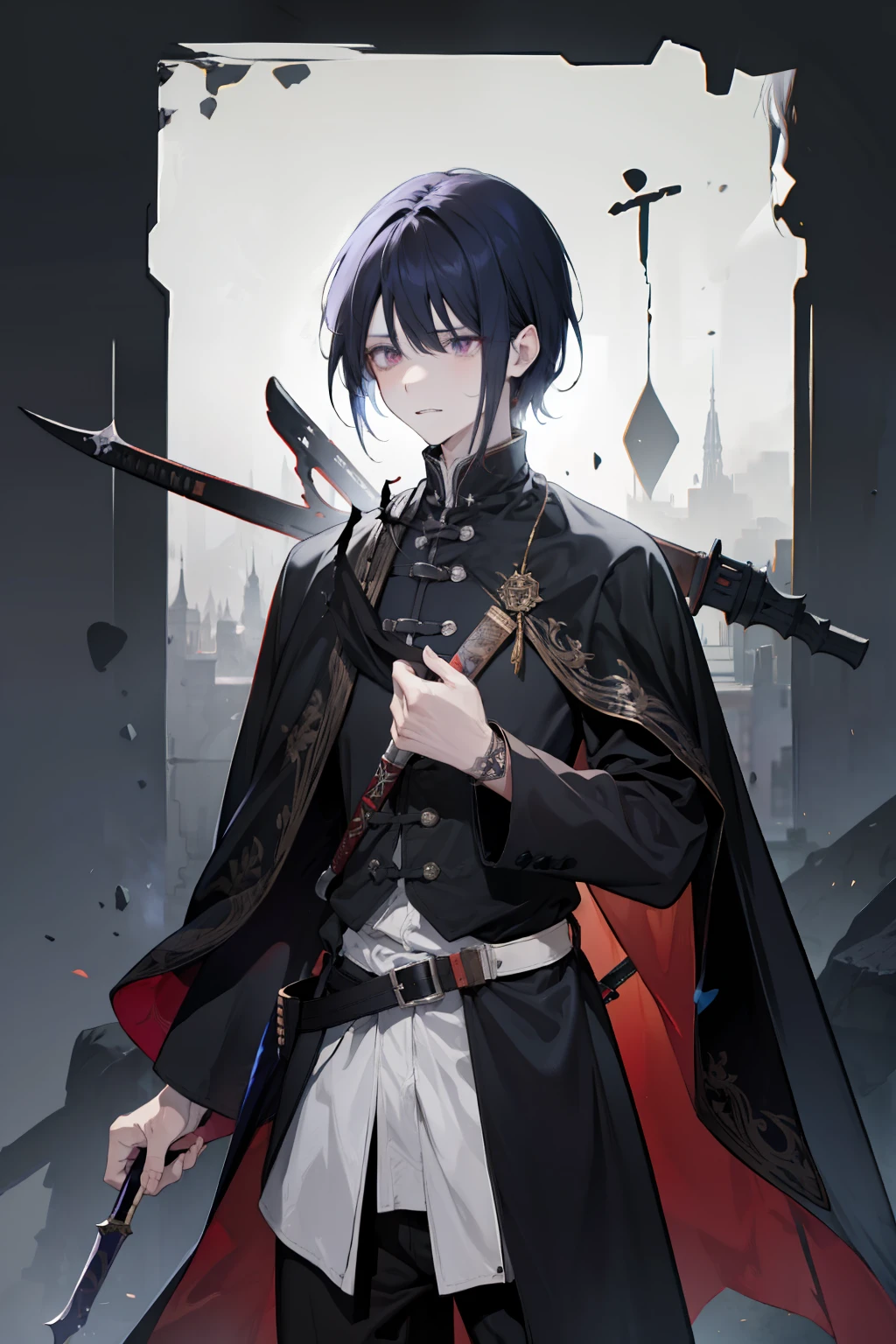 A medieval male assassin around ，Black broken hair，There are bangs on the forehead，The pupils of the eyes are red and blue，The expression is indifferent，Calm eyes，He holds the handle of the dagger in his right hand，Hold the dagger in front of you，The blade burned with deep purple flames，In the arena，The is very detailed，Western fantasy，Mainly white tones，Draped in a black cape，No long hair