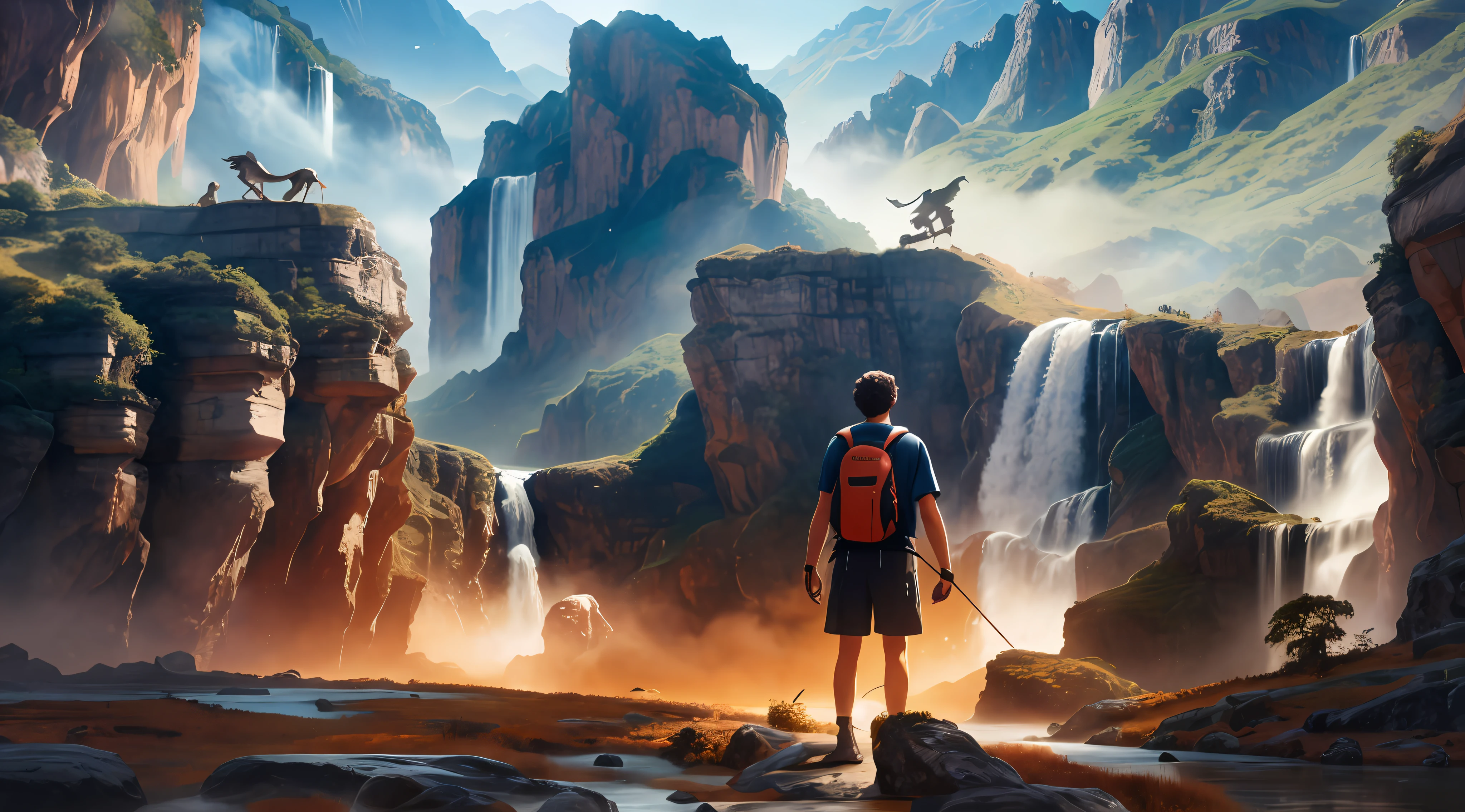A man stands on a rock looking at the waterfall, adventure hyper realistic render, Concept art wallpaper 4K, inspired by Michael Komarck, unreal engine 5 digital art, 4k highly detailed digital art, 4 k hd illustrative wallpaper, 4K detailed digital art, Movie 4K wallpaper, Movie 4K wallpaper, jessica rossier fantasy art