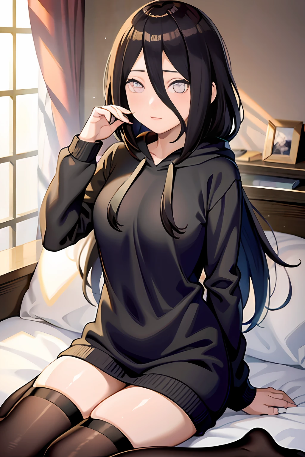 tmasterpiece, hoang lap , (Complicated details), (rich colourful), 电影灯光, the Extremely Detailed CG Unity 8K Wallpapers , Hinata flower proportions, 1girll, 独奏,(w hotel,sit on a bed,wearing hoodie,Long black stockings,is shy,Bigboobs, Low hair tied long),perspire,