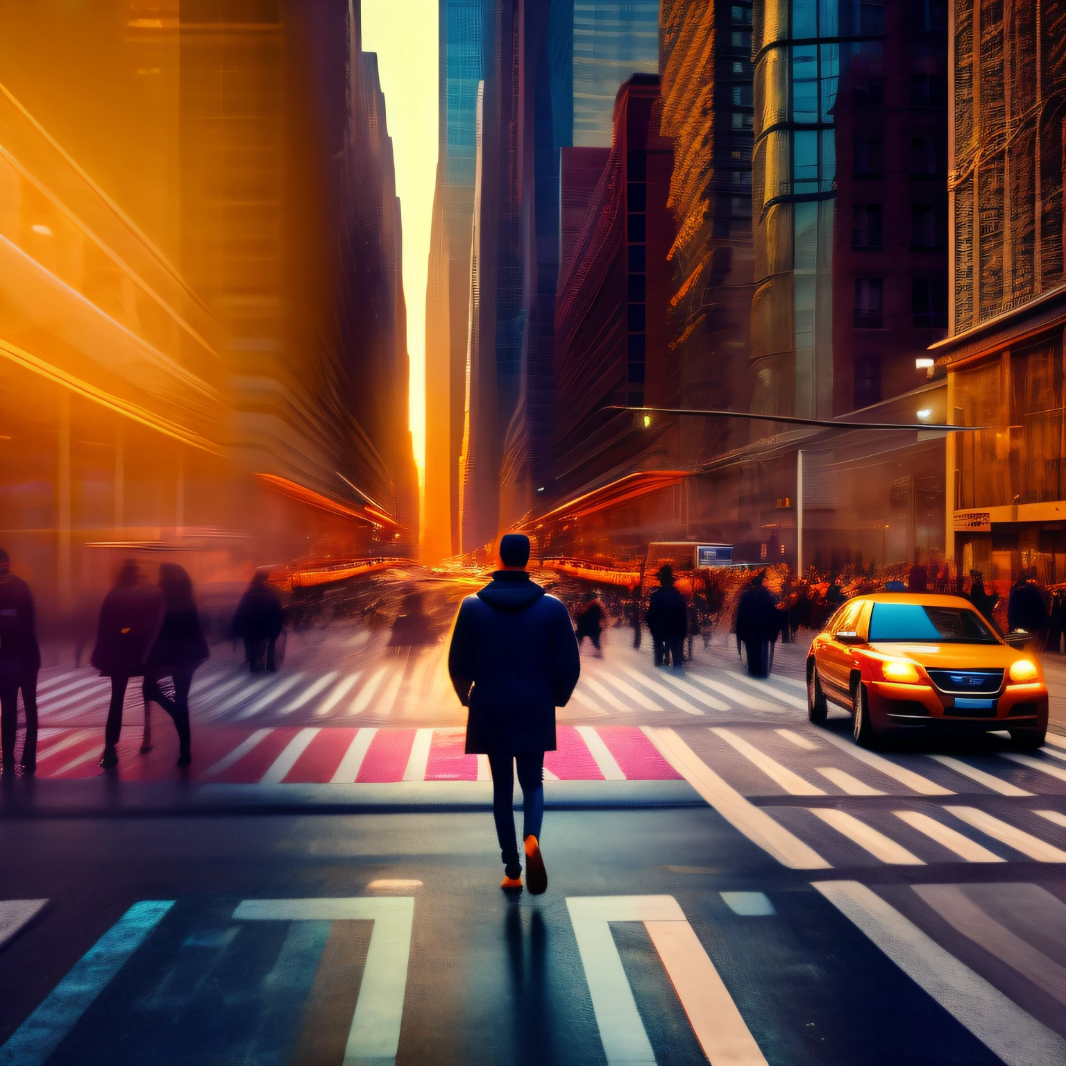 Person looking at Manhattan street people Morning rush. Dynamic effect. Digital art.