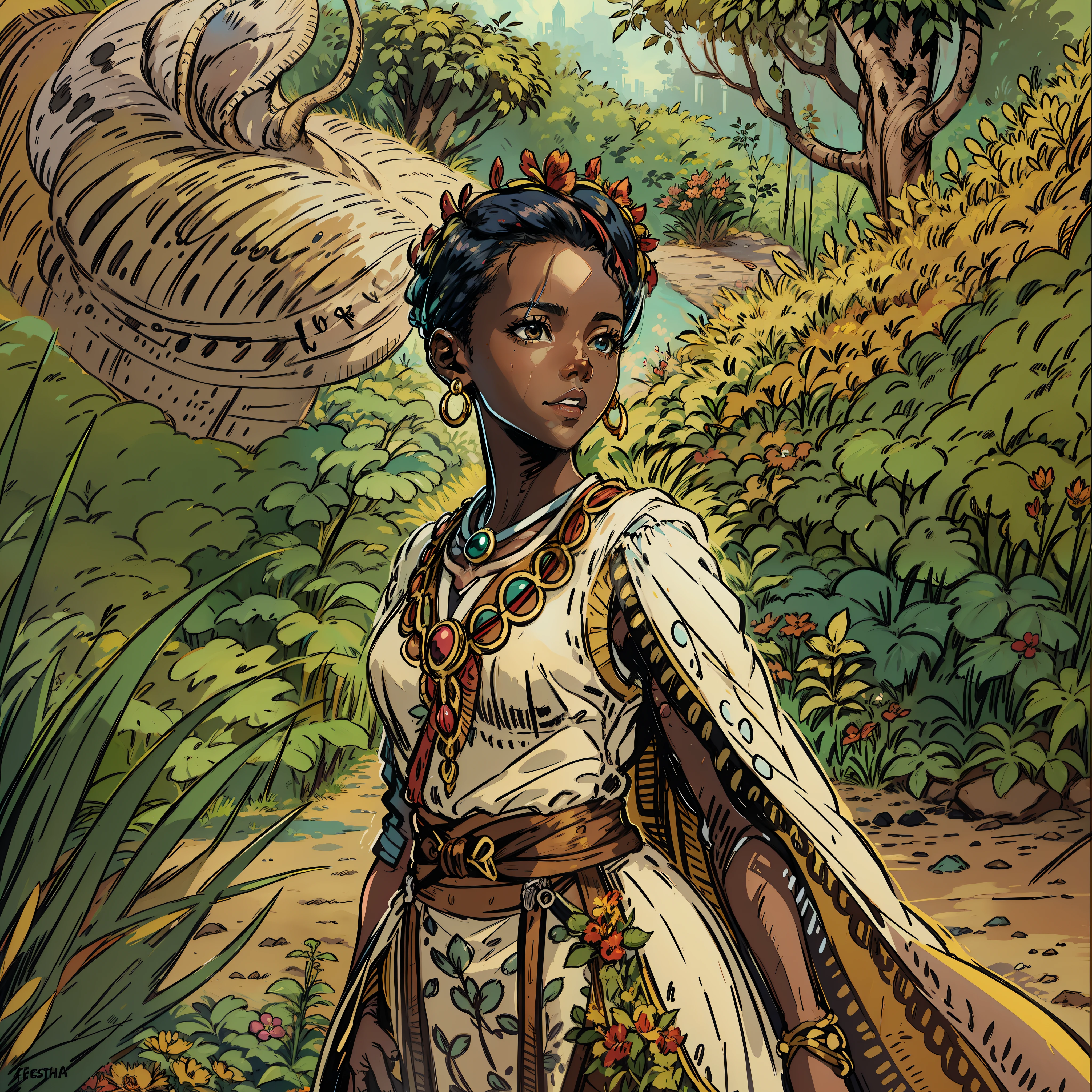 Lupita Nyong'o elfo alto, floresta, Personagem de RPG, fantasia medieval, fechar retrato, deserto