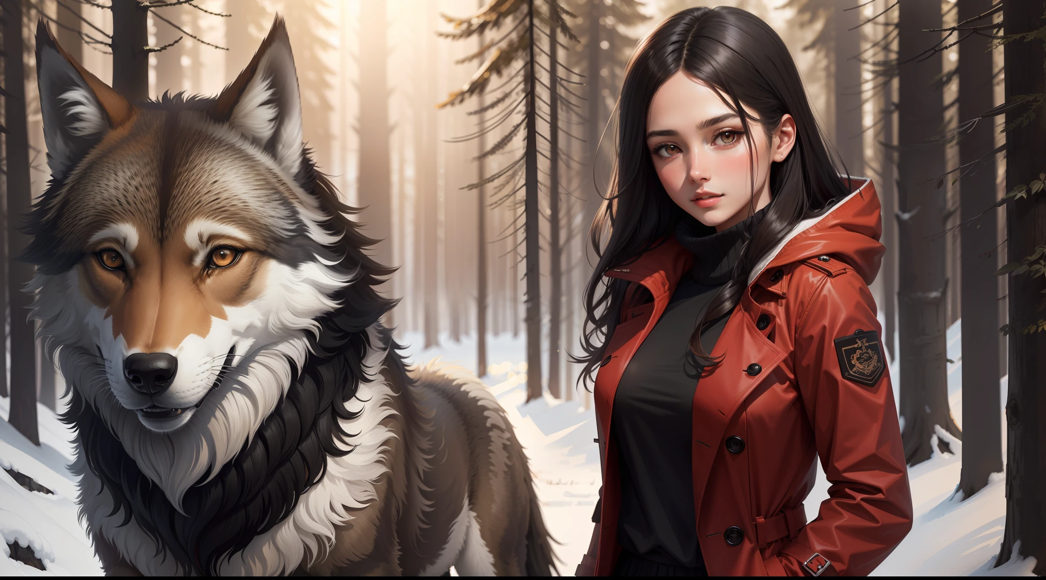 best qualtiy， tmasterpiece， A high resolution，A dark-haired girl in a red trench coat and a wolf，In the forest，（highdetailskin：1.2），8k UHD，digital SLR camera，high high quality，A high resolution，4k，8k，bokeh