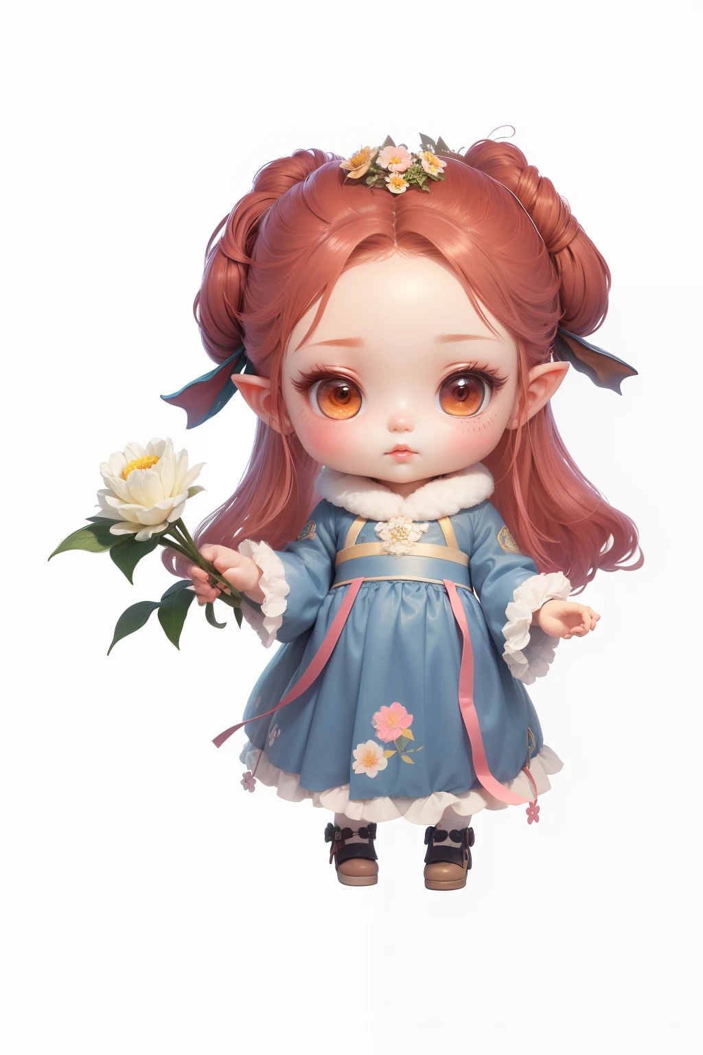 a close up of a doll with a flower in her hand, highly detailed character, render of a cute 3d anime girl, cute character, Guviz, elf girl wearing an flower suit, render of april, Guviz-style artwork, lalafell, detailed character, Palace ， A girl in Hanfu, guweiz masterpiece