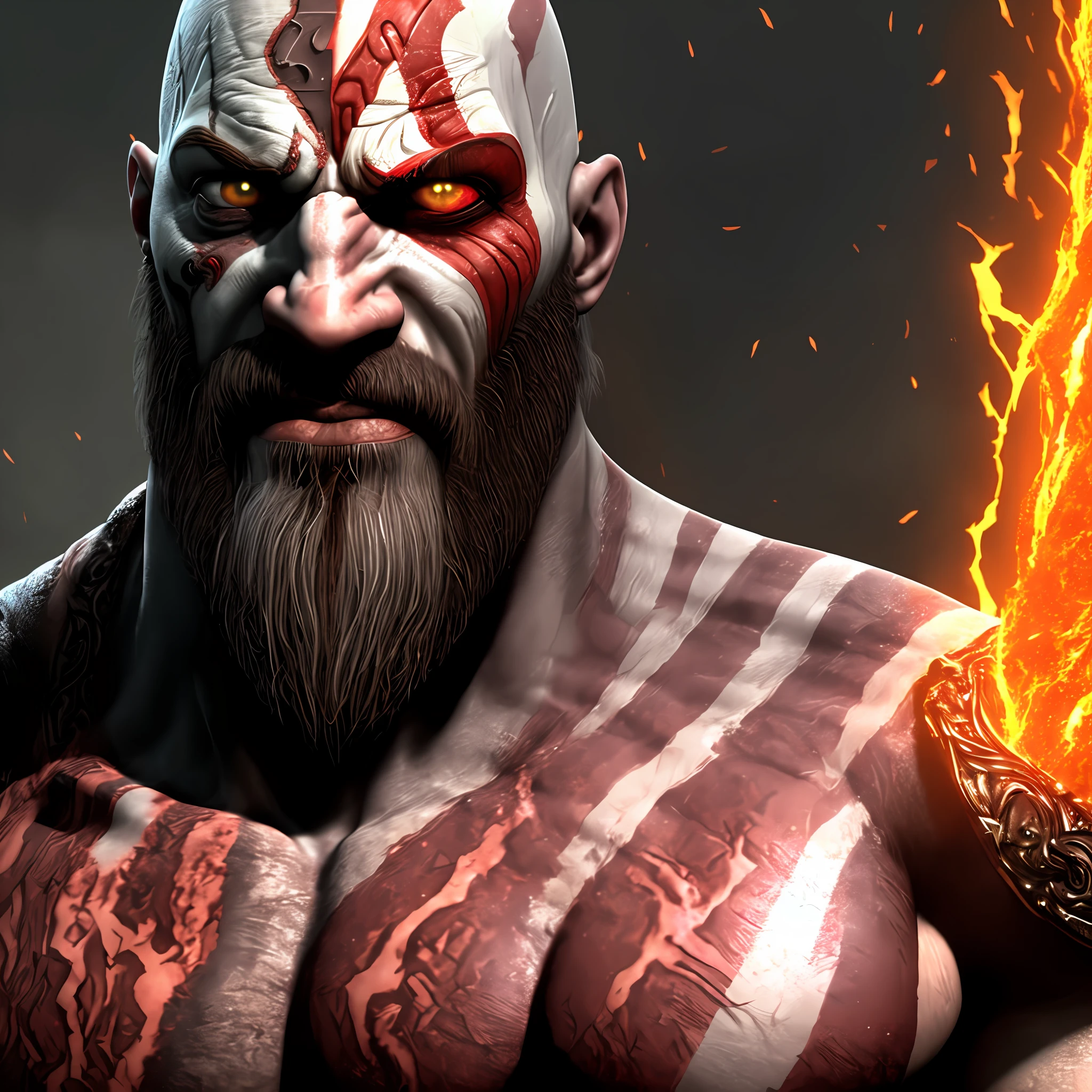 Close up kratos face,hell backroom, lava, blade of chaos in back