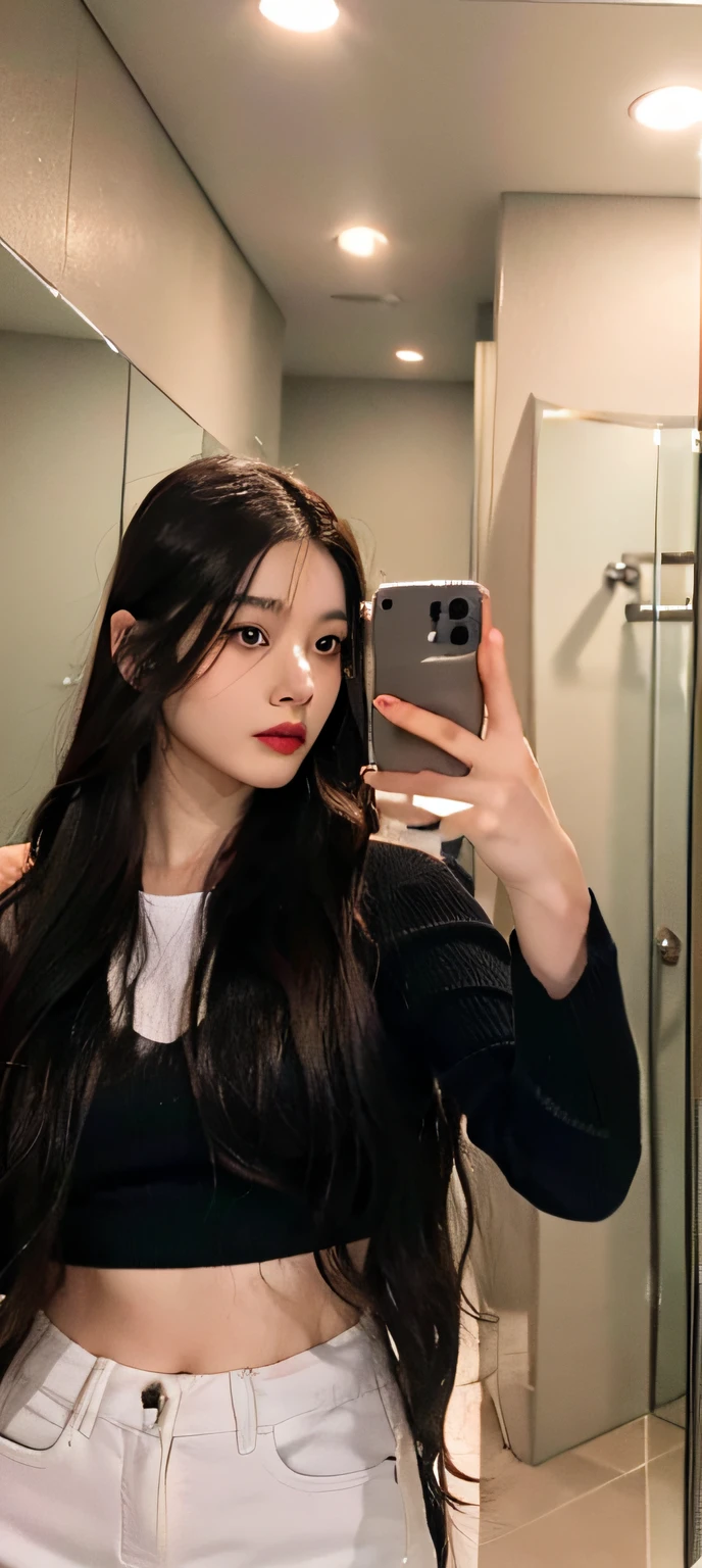 there is a woman taking a selfie in a bathroom mirror, With long hair, , selfie of a young woman, , 8k selfie photograph, long white hair, 2 7 years old, with long dark hair, 2 8 years old, 2 3 years old, with straight black hair, brown hair,