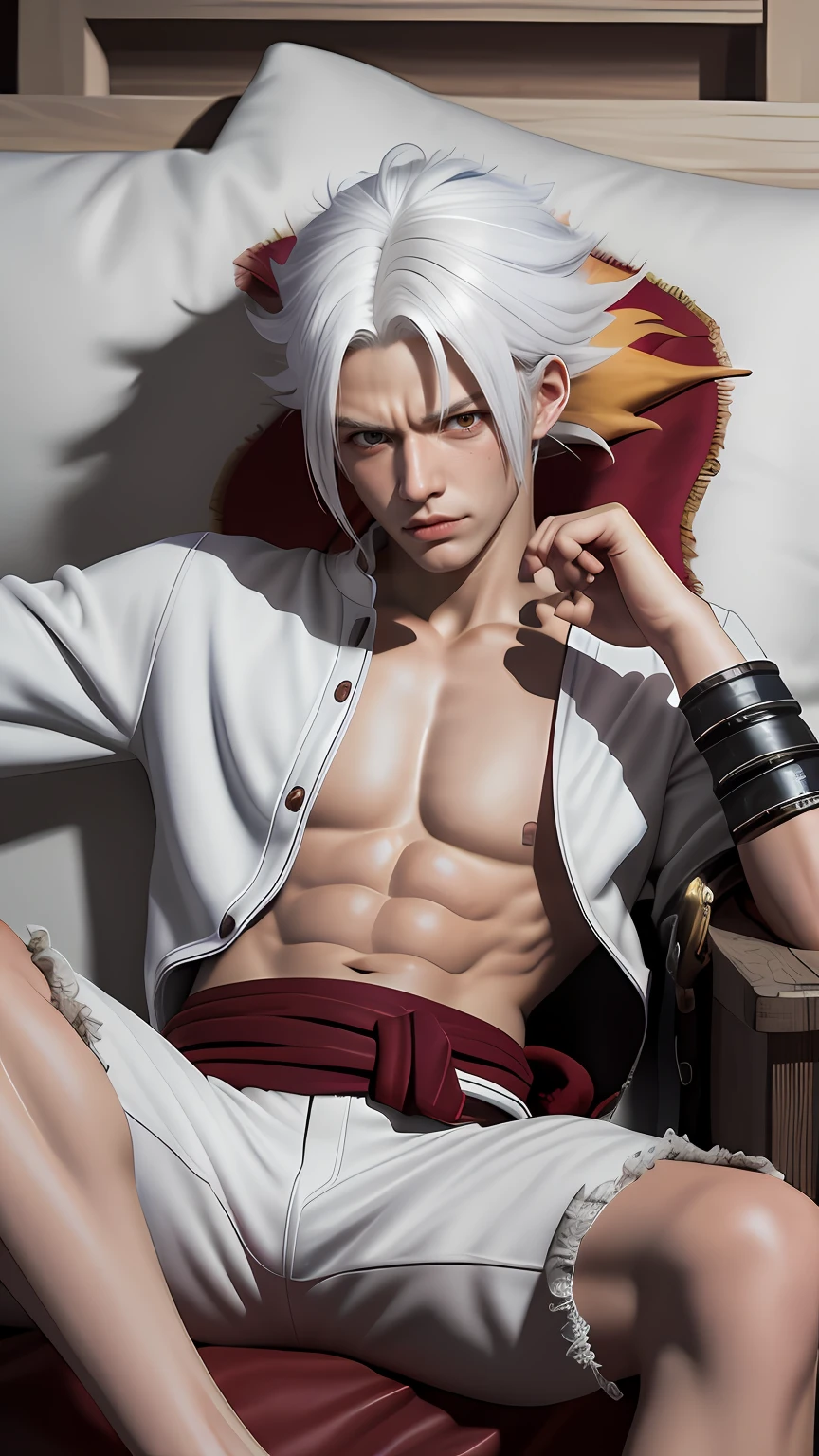 Best quality, ultra high resolution, ultra-detailed,realistic,18 years old,boy,8k,Luffy,one piece,White flame hair,Luffy gear 5,handsome,Naruto hair,white hair,hair up,Naruto.