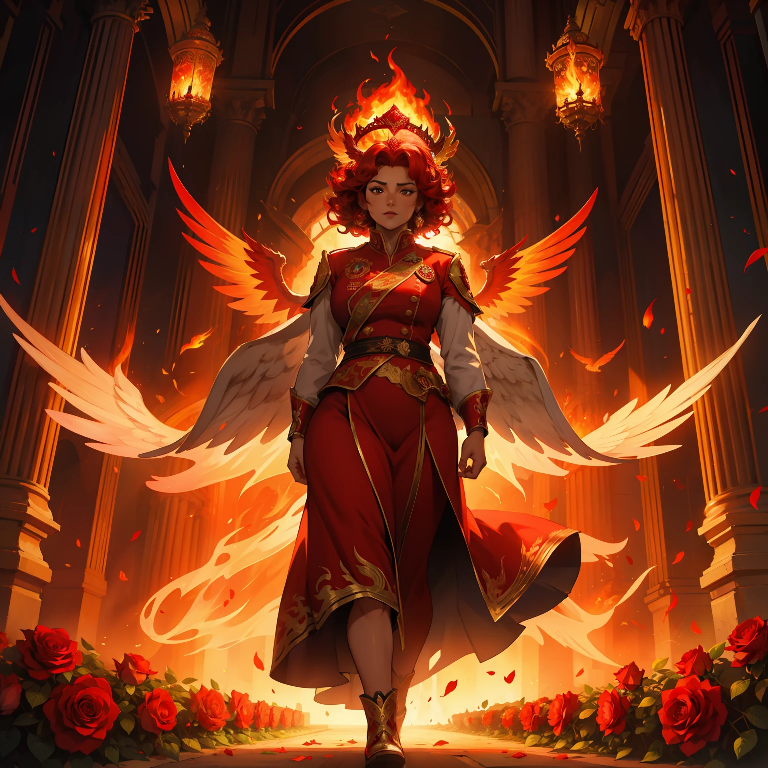 Red Phoenix , beautiful female, chubby, flames on body, huge wings, curly hair, flames, fire, in gardens of roses, supreme royal attire, massive wings, red wings, crown, inside palace