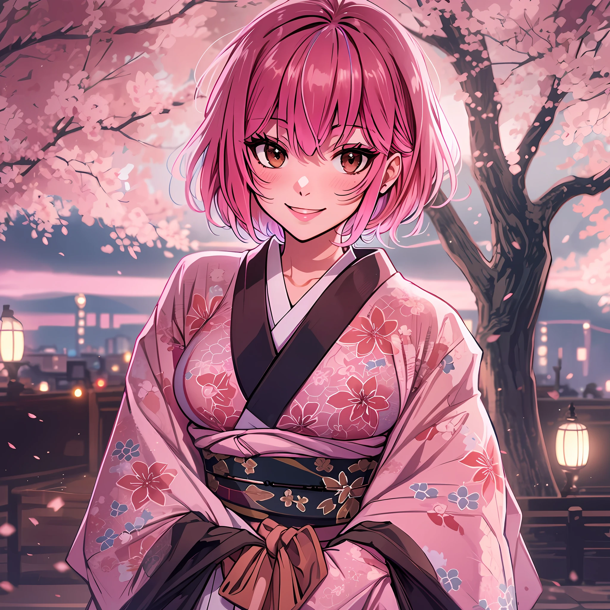 medium shot, looking to the side, medium breasts, kimono, bobcut, pink hair, smile, outdoors, night, brown eyes