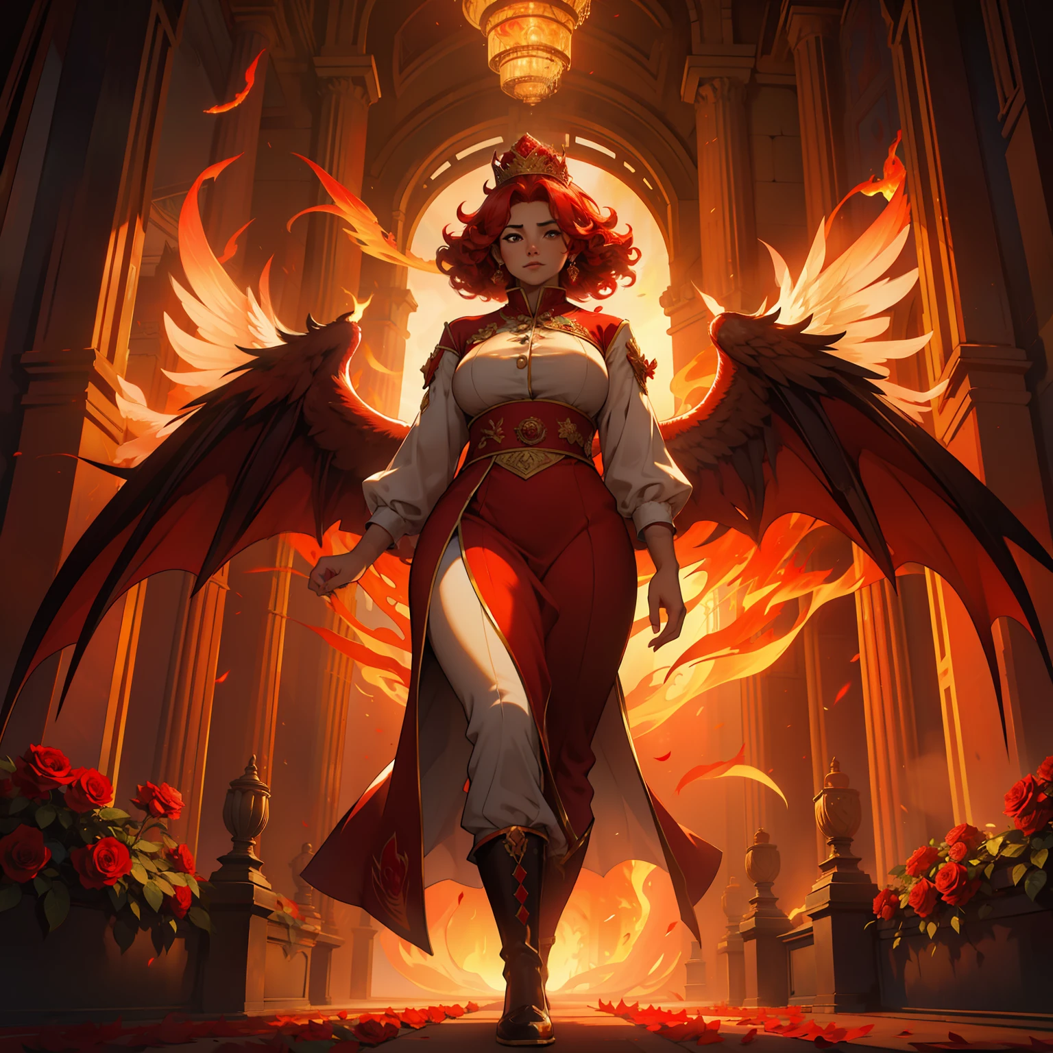 Red Phoenix , beautiful female, chubby, flames on body, huge wings, curly hair, flames, fire, in gardens of roses, supreme royal attire, massive wings, red wings, crown, inside palace